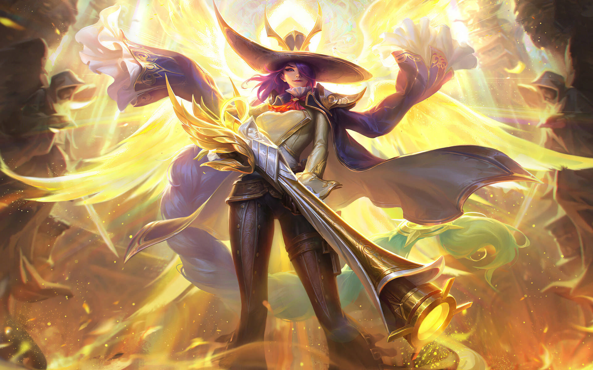 Mobile Legends 動態圖 桌布 壁紙 — 一位戴著寬邊帽的耀眼動漫戰士，在爆炸性的火焰能量和旋轉的光芒中揮舞著發光的金色號角。