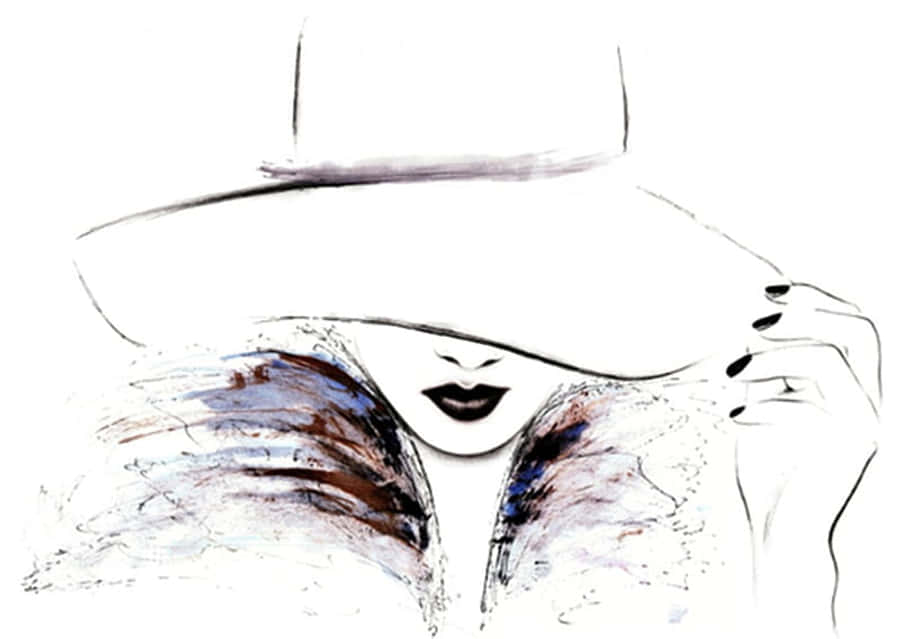 Girl Aesthetic 桌布 壁紙 — 一位戴著寬邊帽的風格化女性，擁有豐滿的嘴唇和抽象紋理的肩膀，背景為純白色。