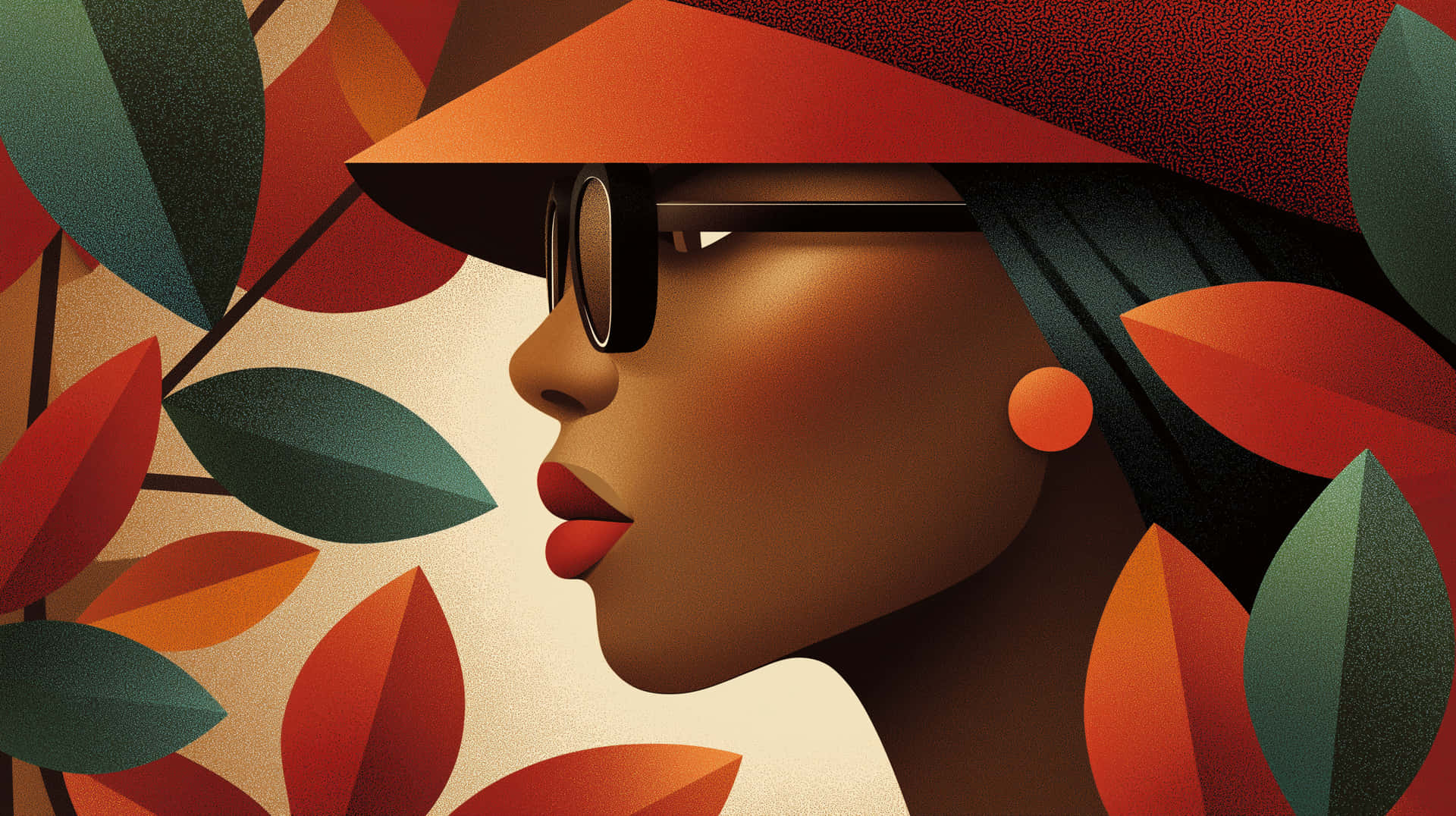 Profile of a Woman in a Hat and Sunglasses, Autumn Theme 壁紙 — 一位戴著寬邊橙色帽子和黑色眼鏡的女性，被風格化的紅色和綠色葉子框住。