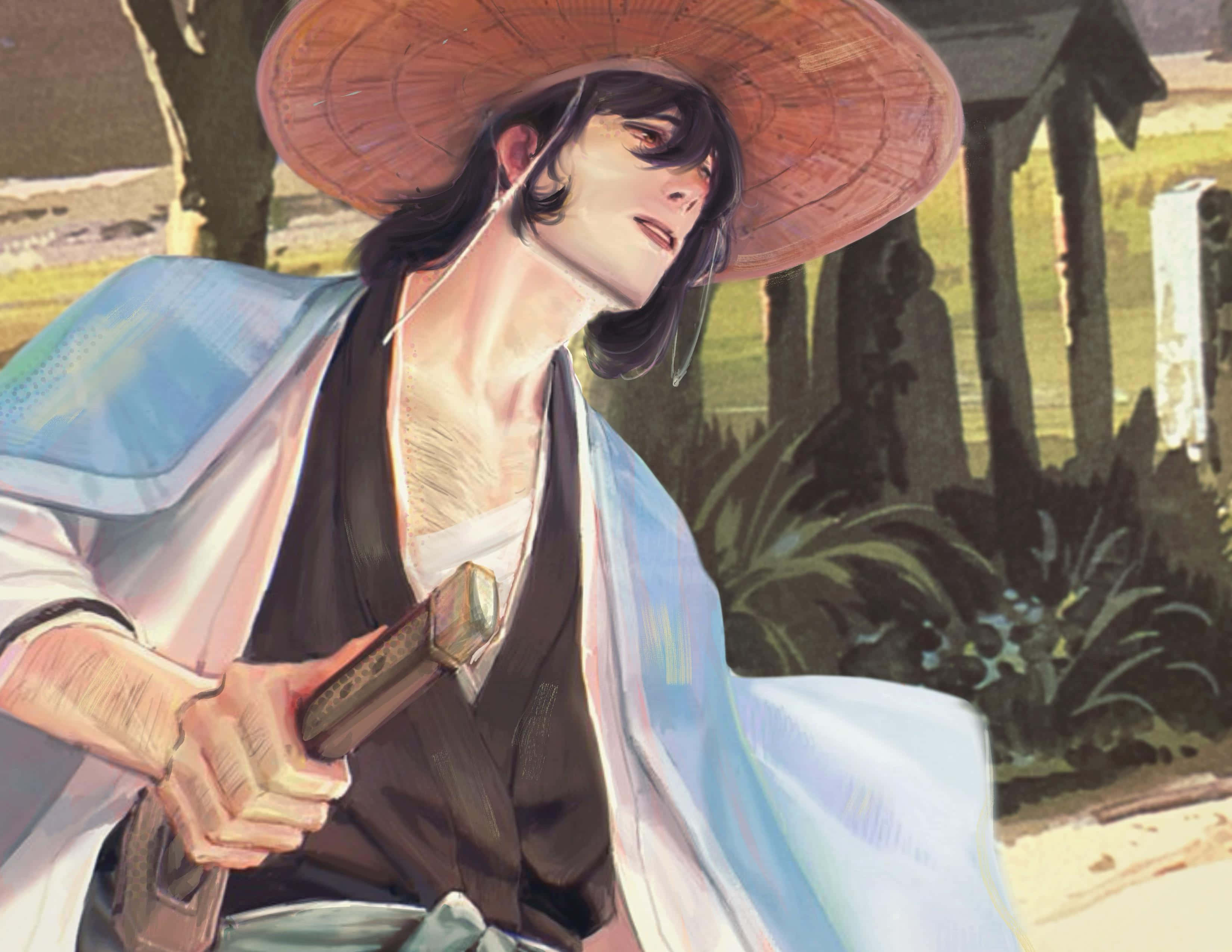 Goemon Ishikawa Xiii 桌布 壁紙 — 一位戴著寬邊草帽的寧靜動漫武士，在柔和的金色光線下，於寧靜的花園中握著一把刀。
