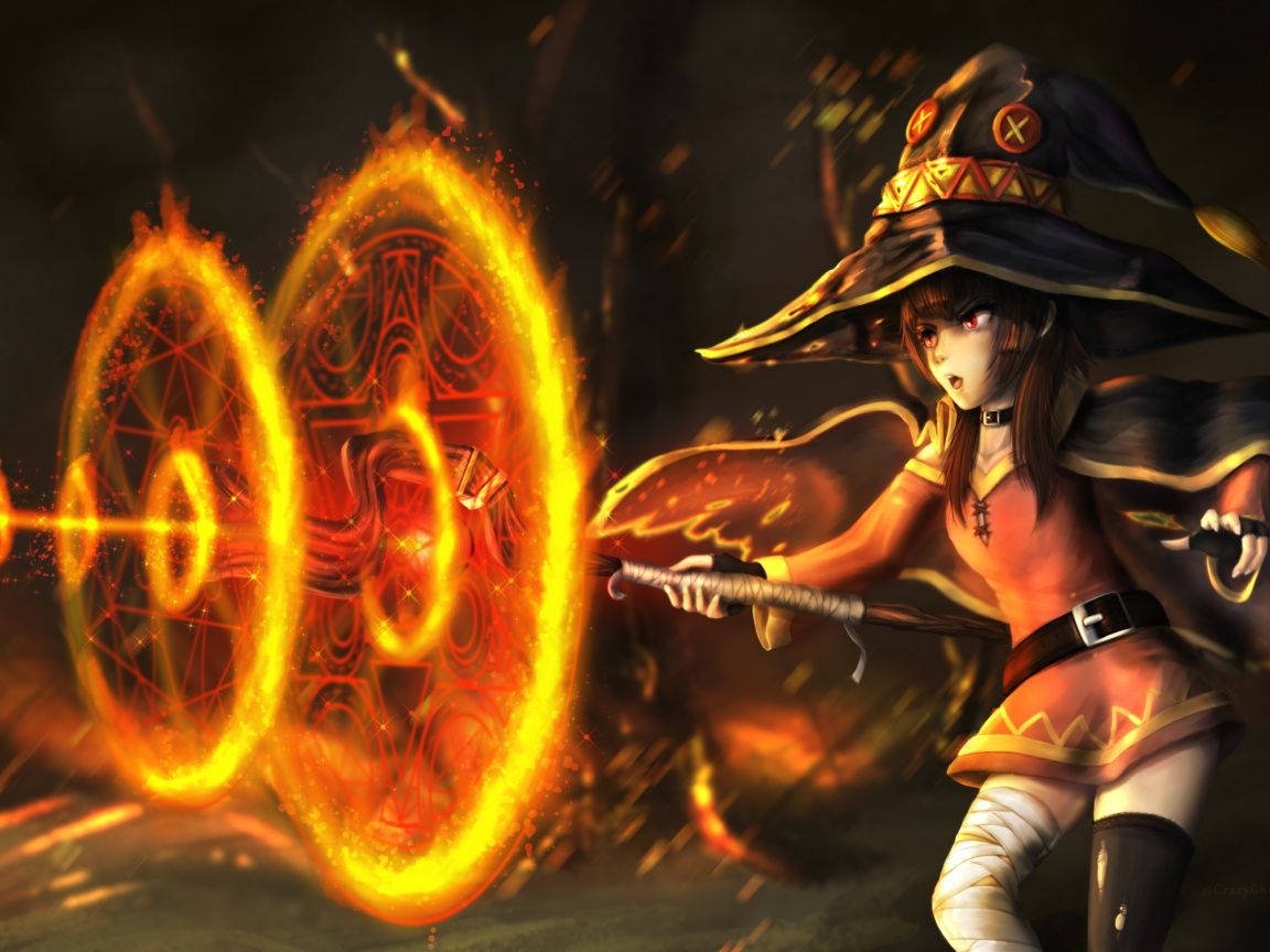 Megumin 桌布 壁紙 — 一位戴著尖帽子的年輕女巫在黑暗神秘的環境中施放帶有複雜符文的熾熱發光咒語。