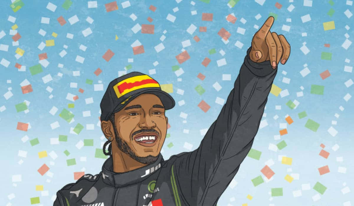 Dababy Cartoon 桌布 壁紙 — 一位戴著帽子、穿著賽車服的快樂賽車手，在五彩紙屑飄落時舉起手指慶祝。