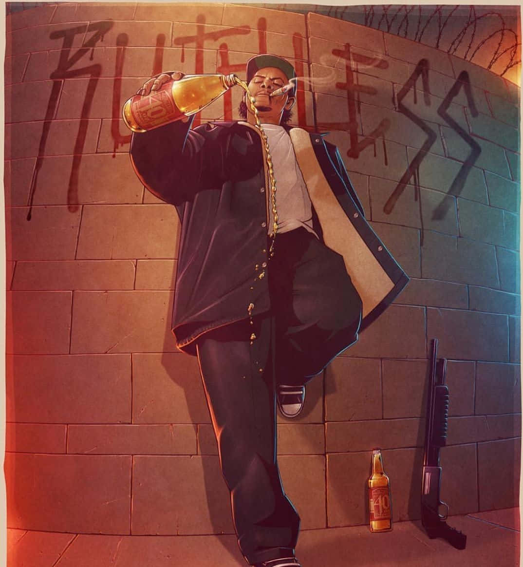 Eazy E 桌布 壁紙 — 一位戴著帽子的風格化街頭藝術家，在身後噴有 'RUTHLESS' 的塗鴉牆前倒啤酒並抽煙。