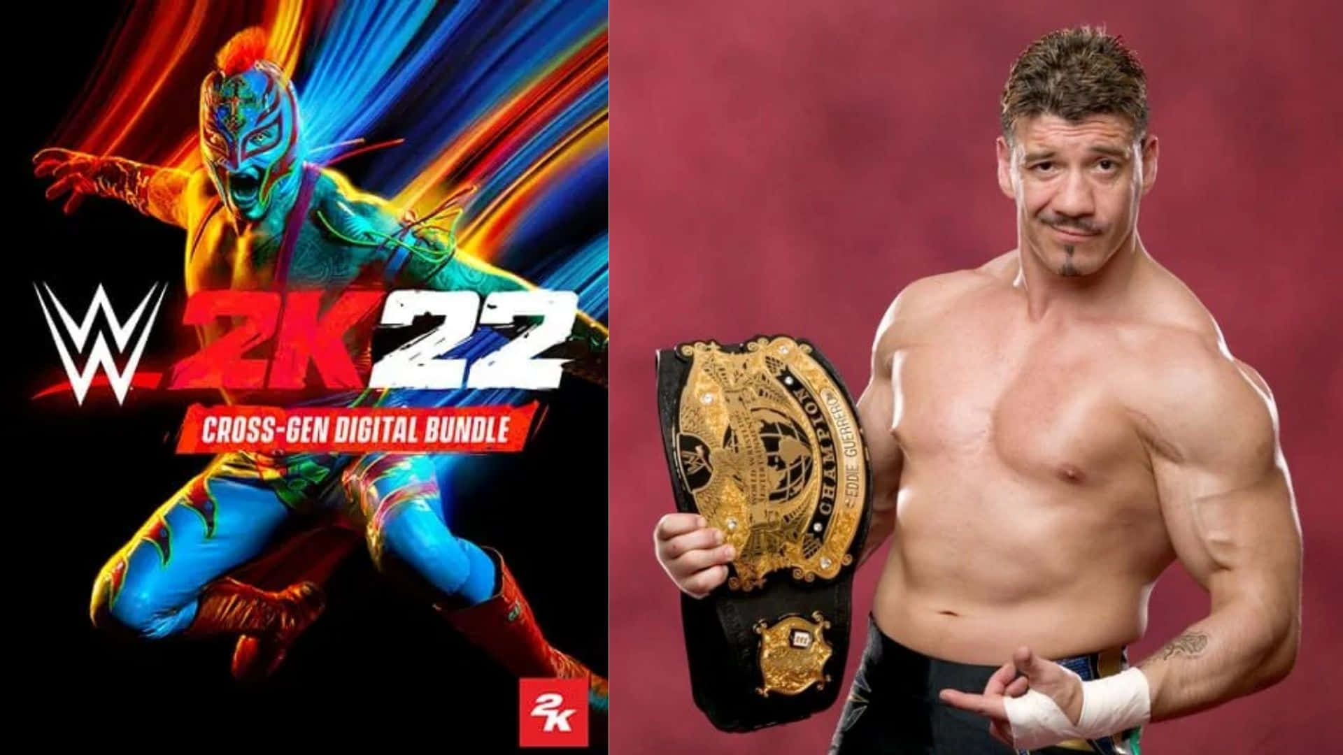 Wrestling 桌布 壁紙 — 一位戴著彩色面具的摔角選手在一位手持冠軍腰帶的真實摔角選手旁邊動態跳躍。