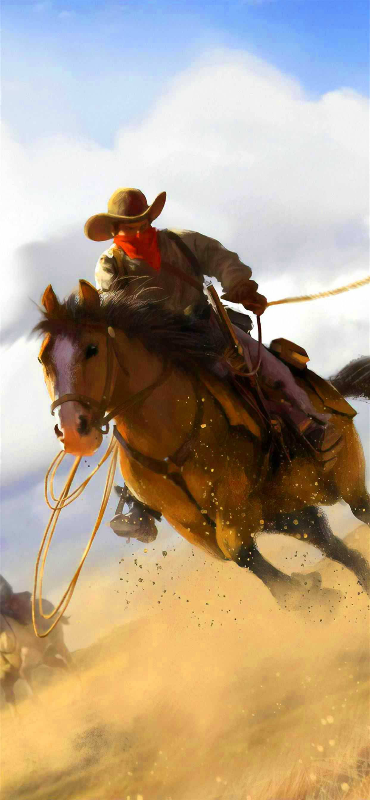 Cowboy 桌布 壁紙 — 一位戴著棕色帽子和紅色頭巾的牛仔騎著一匹奔騰的棕色馬匹，穿過塵土飛揚的田野，天空湛藍，白雲朵朵。