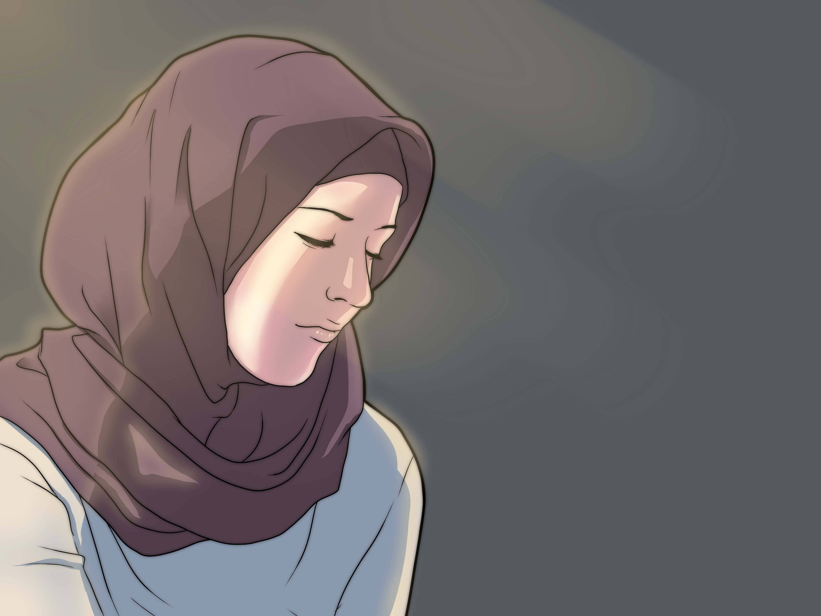 hijab cartoon 桌布 壁紙 — 一位戴著棕色頭巾、閉上眼睛、柔和光線下的寧靜女性，以極簡數位插畫呈現。
