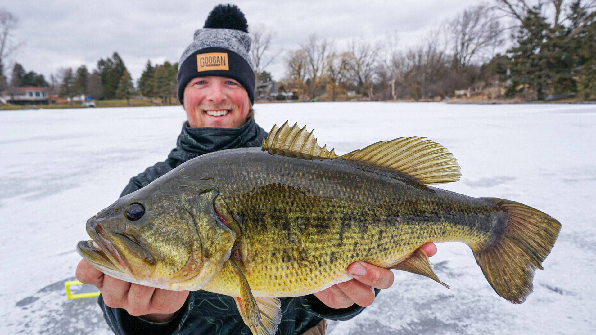 Largemouth Bass 桌布 壁紙 — 一位戴著毛帽的漁夫微笑著，在陰天下的冰凍湖面上自豪地抱著一條大鱸魚。