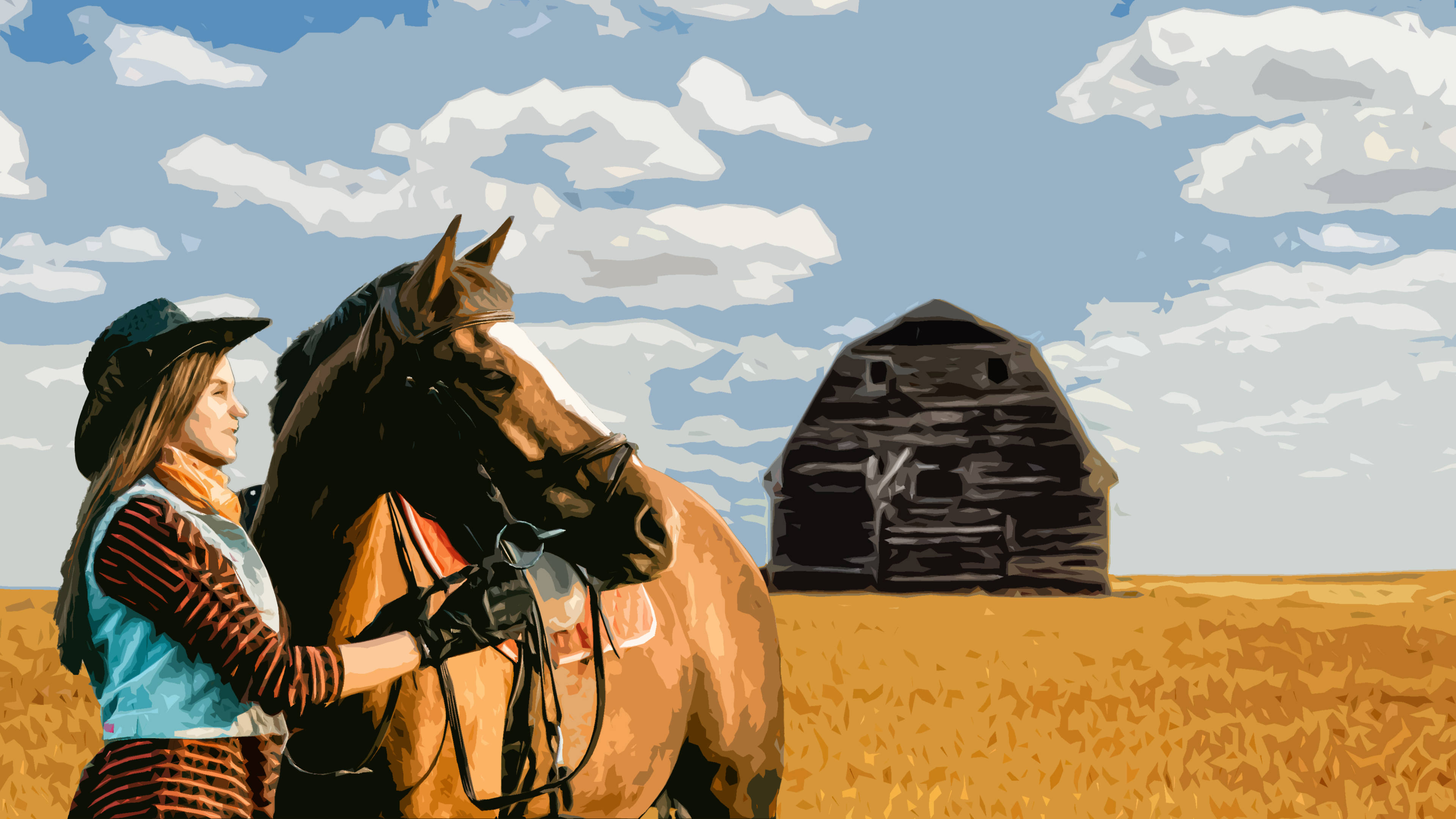 Cowgirl 桌布 壁紙 — 一位戴著牛仔帽的女人站在一匹棕色馬旁邊，身處金色田野，田野上有一座風化的穀倉，天空多雲而藍。