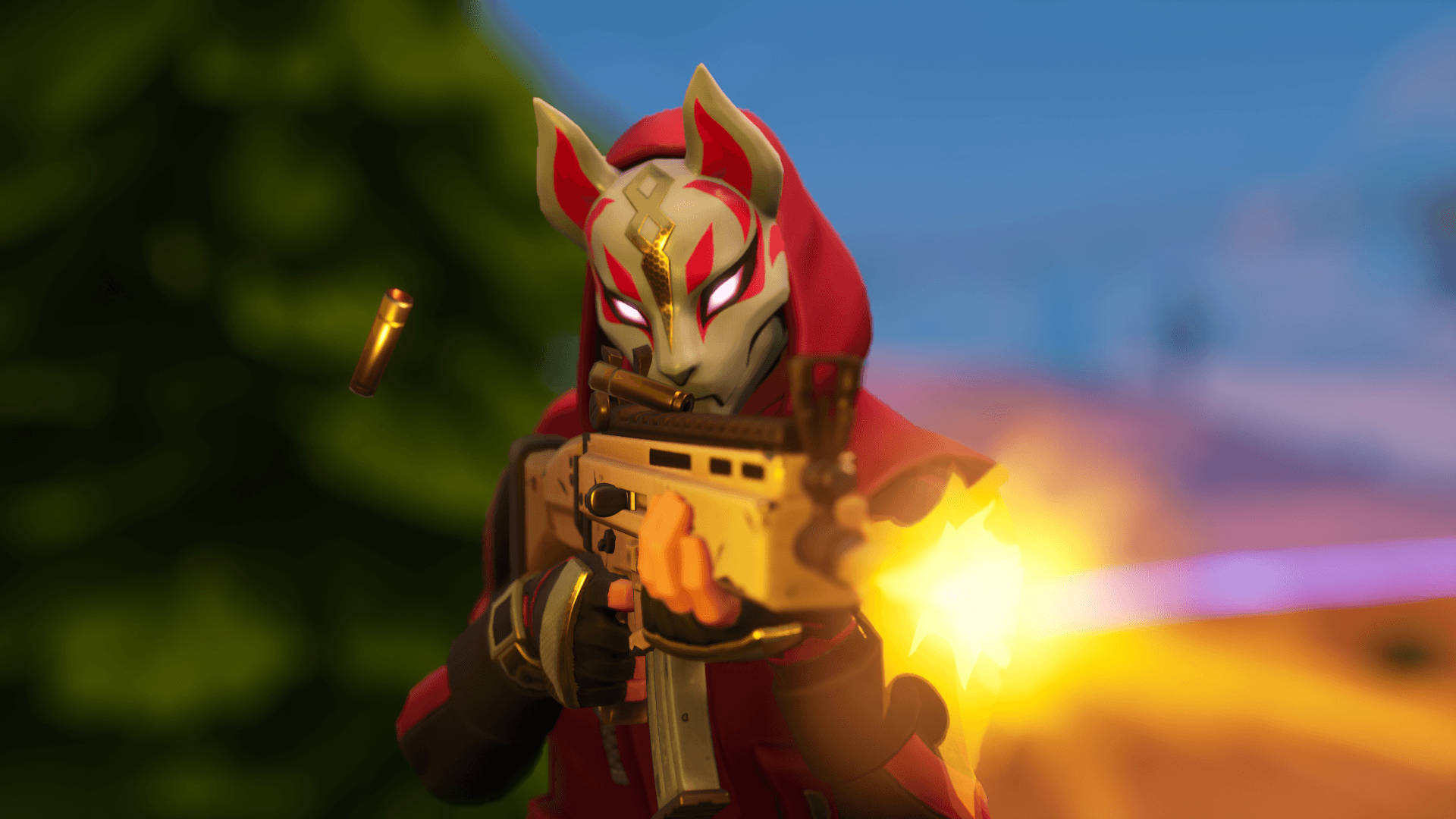Drift 桌布 壁紙 — 一位戴著狐狸面具、身穿紅色斗篷的戰士，在模糊的綠色和藍色背景下發射發光武器，子彈在空中飛過。