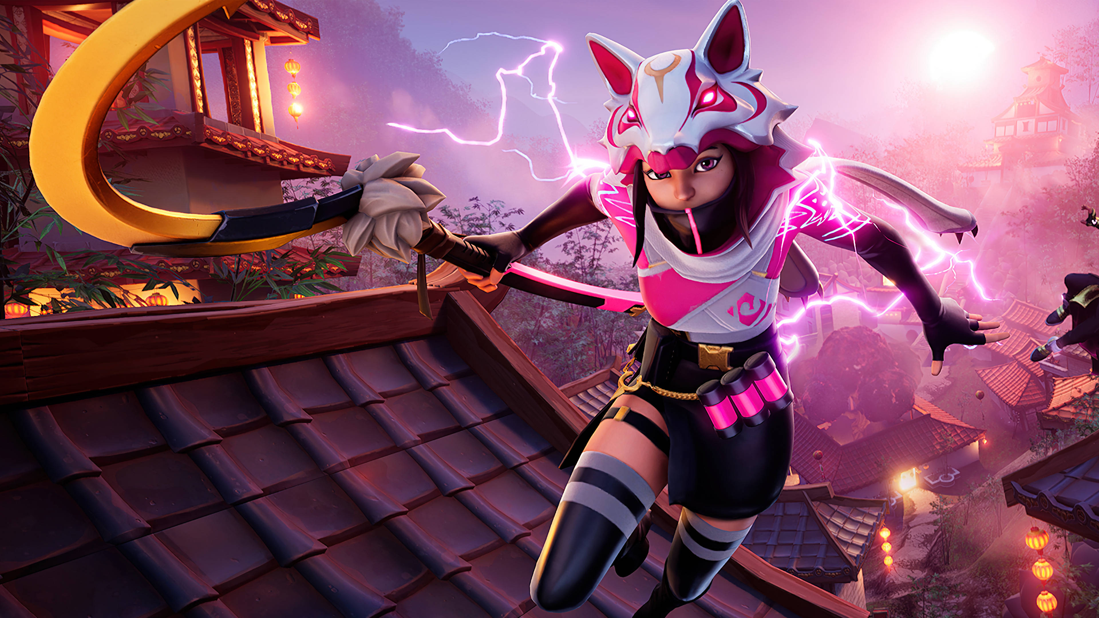 Fortnite iPad 桌布 壁紙 — 一位戴著狐狸面具的戰士在紫色閃電風暴中揮舞著發光的劍，跳過瓦片屋頂。