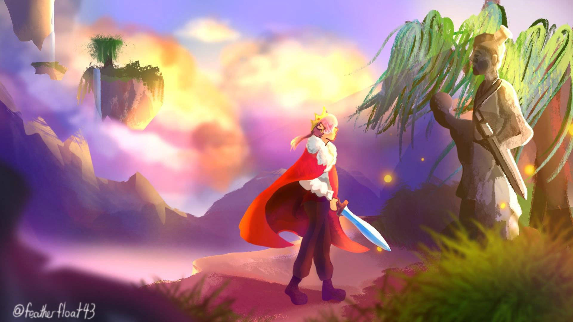 technoblade 桌布 壁紙 — 一位戴著王冠、身穿紅色斗篷的戰士，在夕陽餘暉籠罩的超現實浮島景觀中，手持發光之劍，準備好面對一座石像。