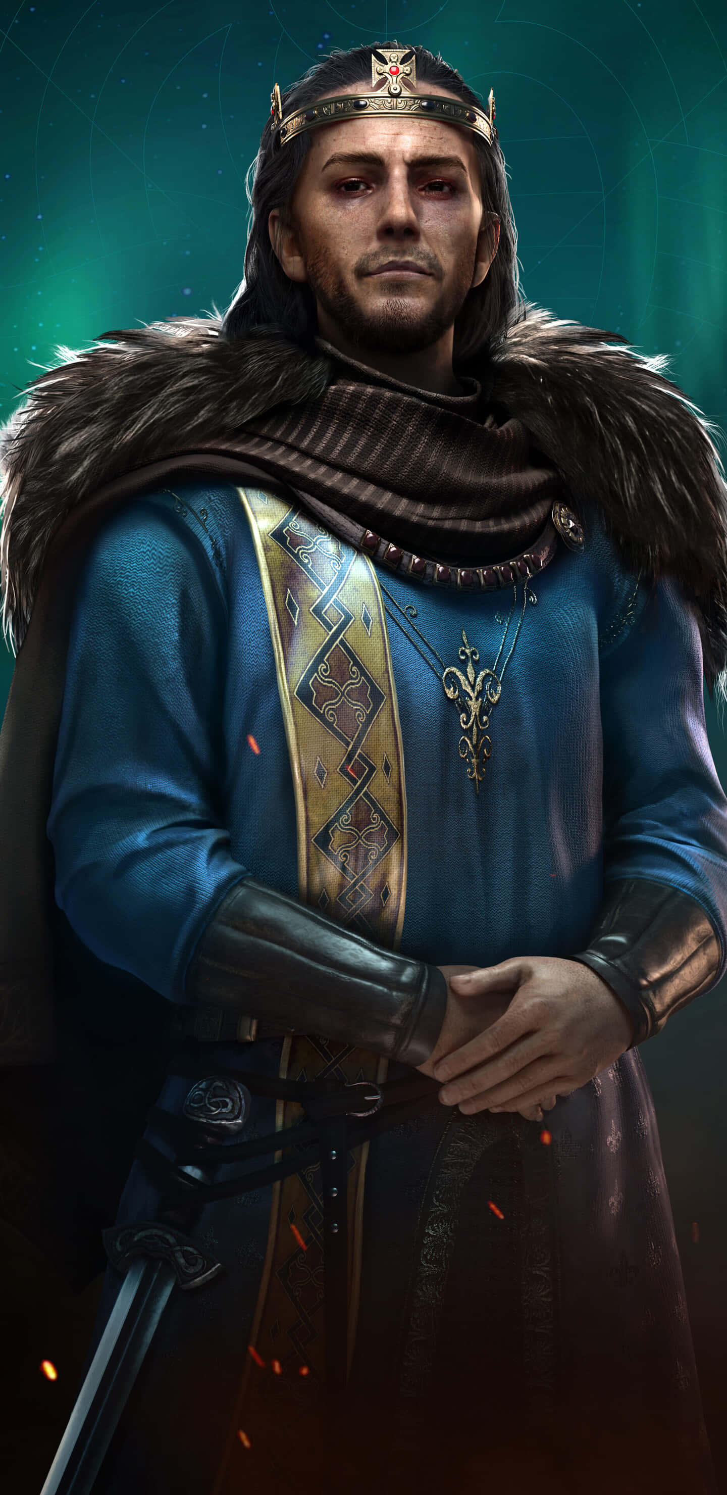 Pixel 3xl Assassin's Creed Valhalla 桌布 壁紙 — 一位戴著王冠和毛皮襯裡斗篷的威嚴戰士，莊嚴地站在發光的綠色神秘背景前。