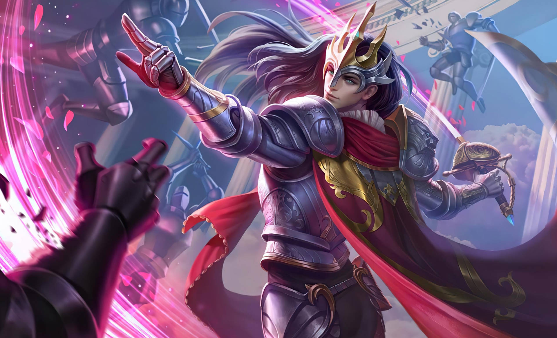 Mobile Legends 動態圖 桌布 壁紙 — 一位戴著王冠和紅色披風的威嚴裝甲戰士，在旋轉的粉紅色能量和漂浮的裝甲人物中指揮力量。