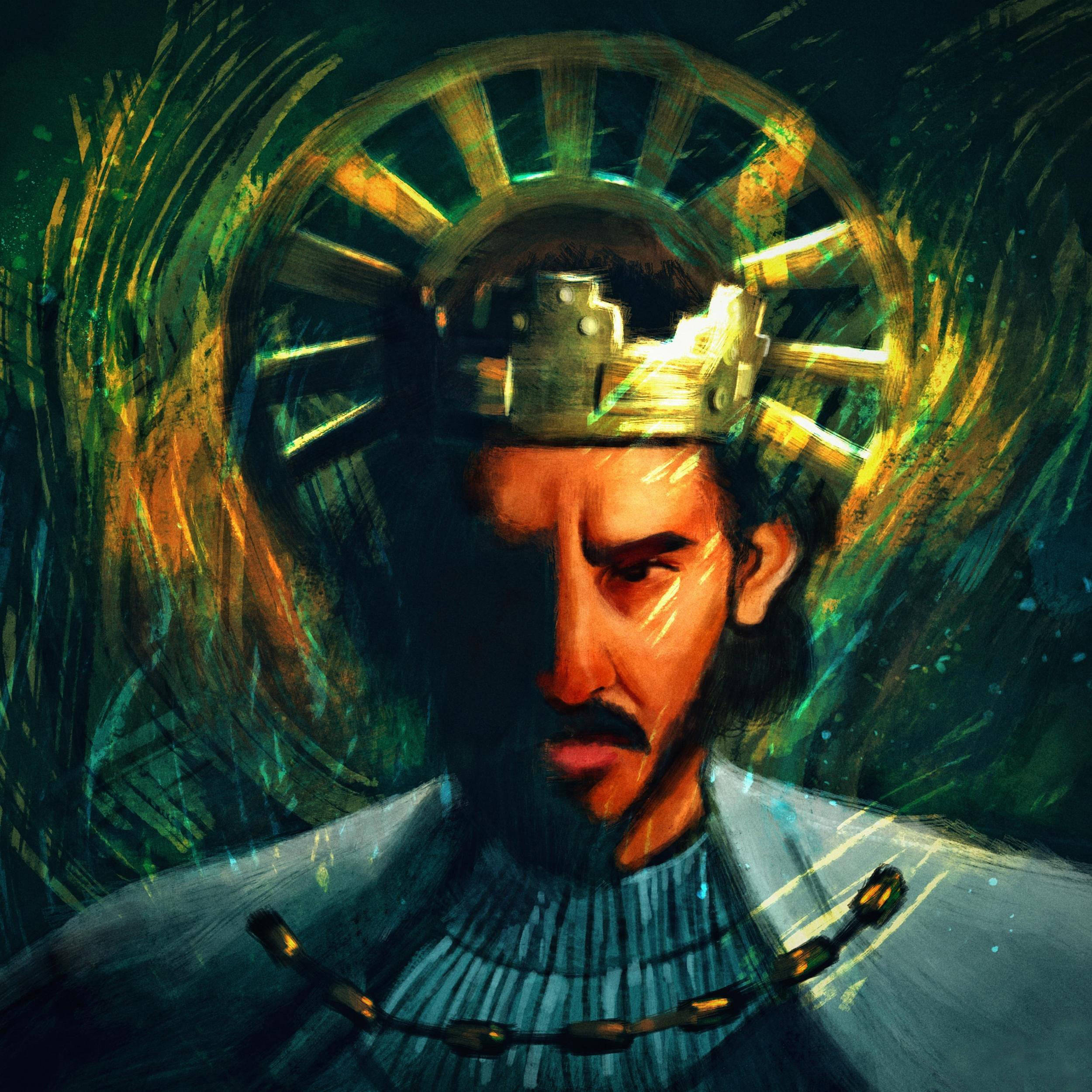 The Green Knight 桌布 壁紙 — 一位戴著王冠和鎖鏈的威嚴男子，在旋轉的綠色和金色背景前怒視前方。