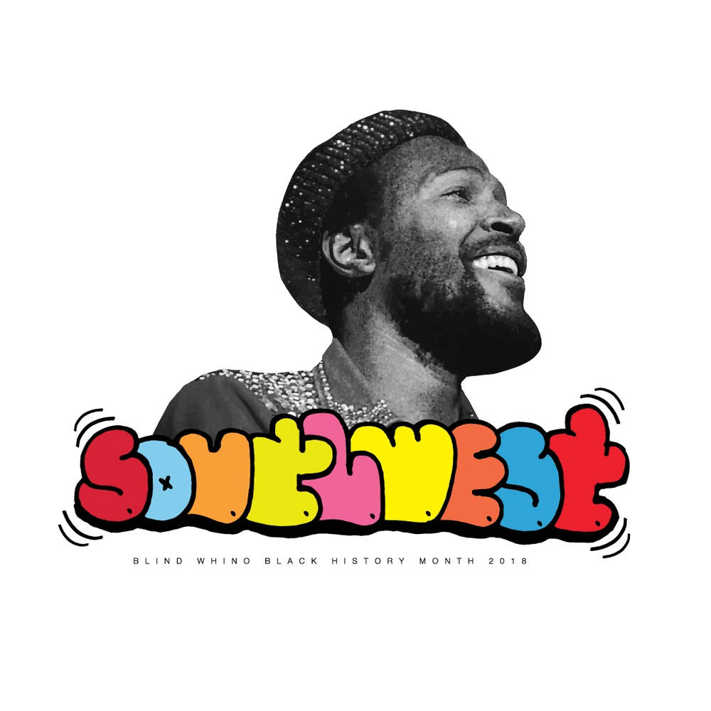 Marvin Gaye 桌布 壁紙 — 一位戴著珠飾帽子的快樂黑人男子在鮮豔的彩虹色「SOUTHWEST」塗鴉文字下向上微笑。