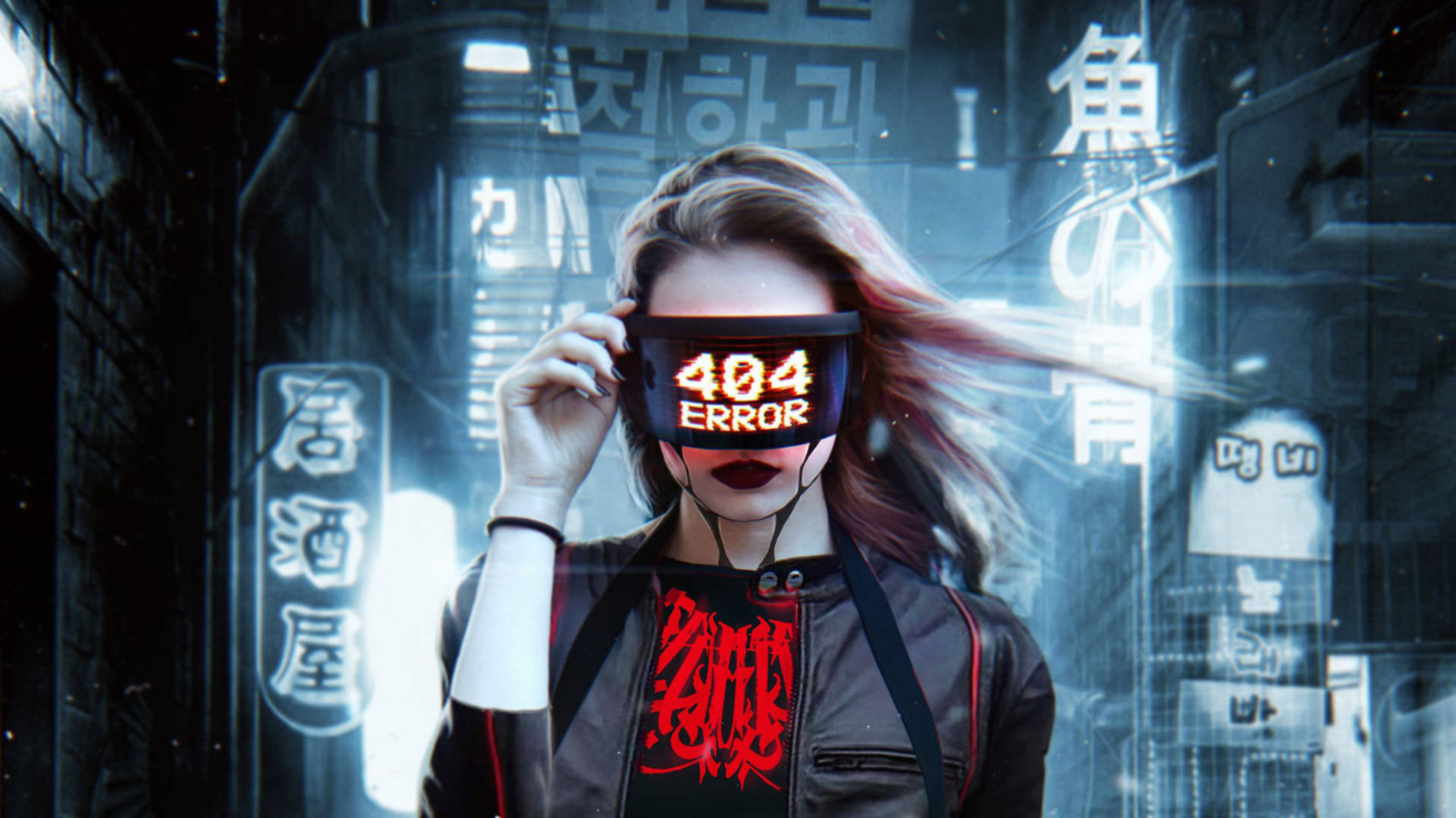 賽博龐克裝備的女性在霓虹小巷中手持404錯誤眼鏡。