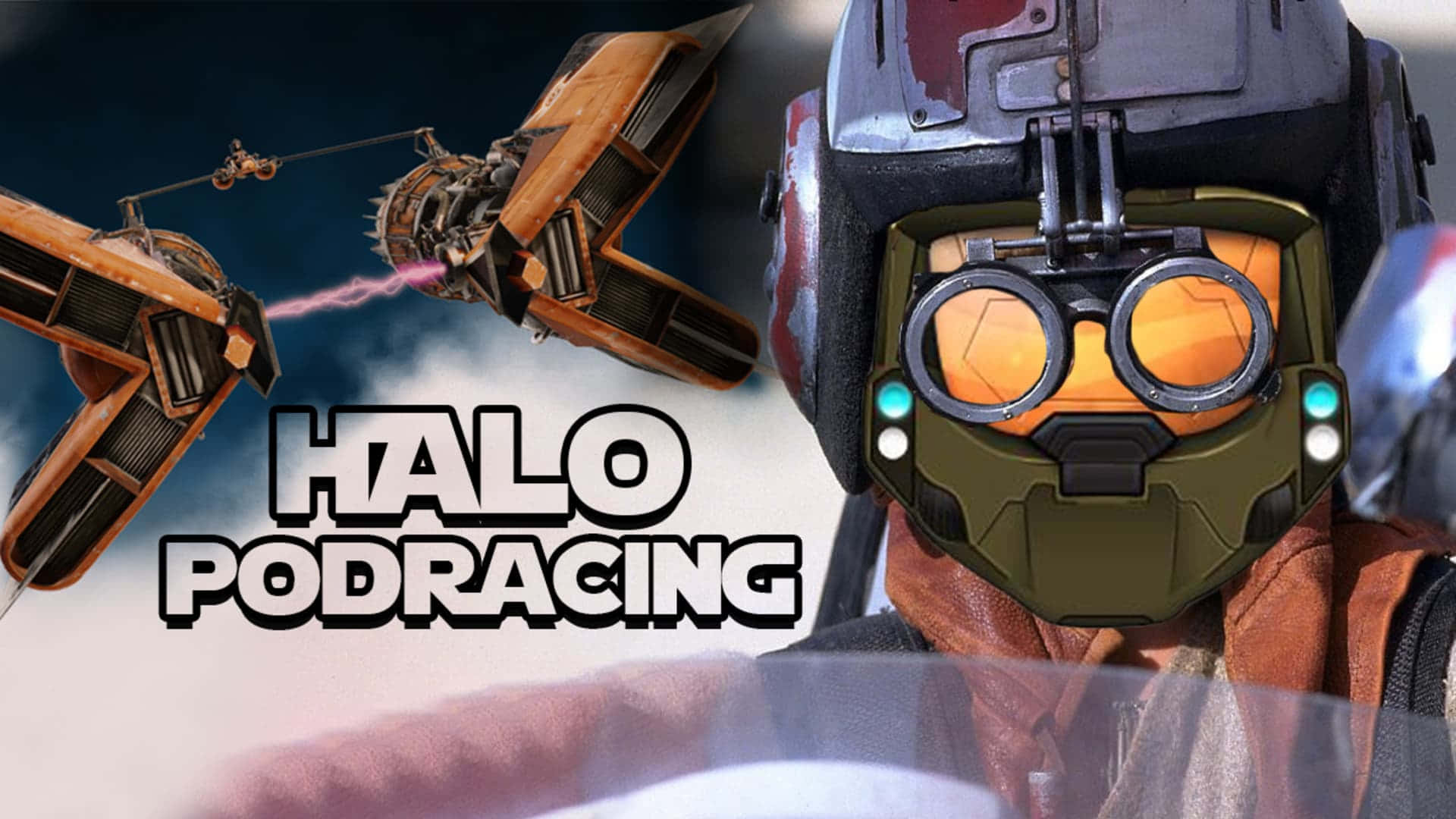 The Podrace 桌布 壁紙 — 一位戴著發光橙色護目鏡頭盔的Halo飛梭賽車手，駕駛著未來風格的橙色飛梭穿越多雲的天空。