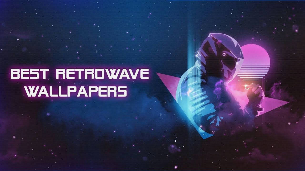 Outrun 桌布 壁紙 — 一位戴著發光頭盔的復古未來主義太空人，在星光熠熠的宇宙背景下，手持發光球體，帶有霓虹粉紅和藍色色調。
