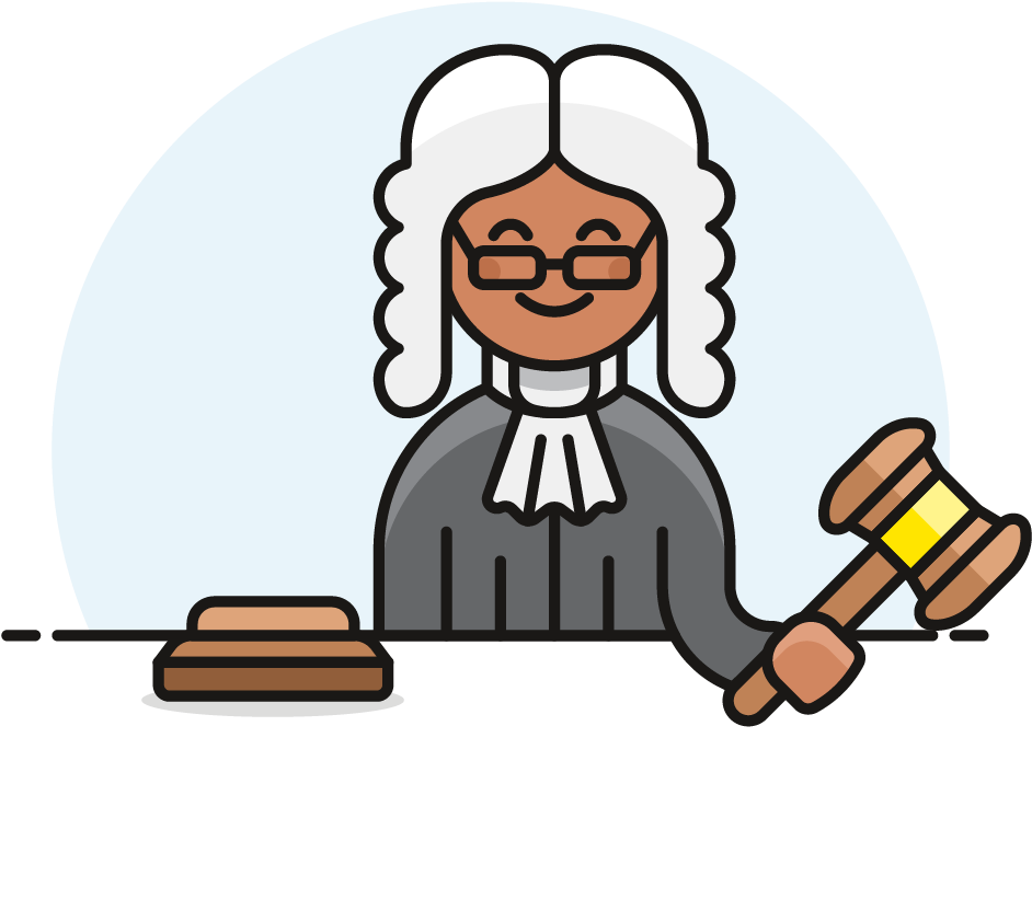 judge 桌布 壁紙 — 一位戴著白色假髮和長袍的愉快卡通法官，在長凳上方舉著木槌。