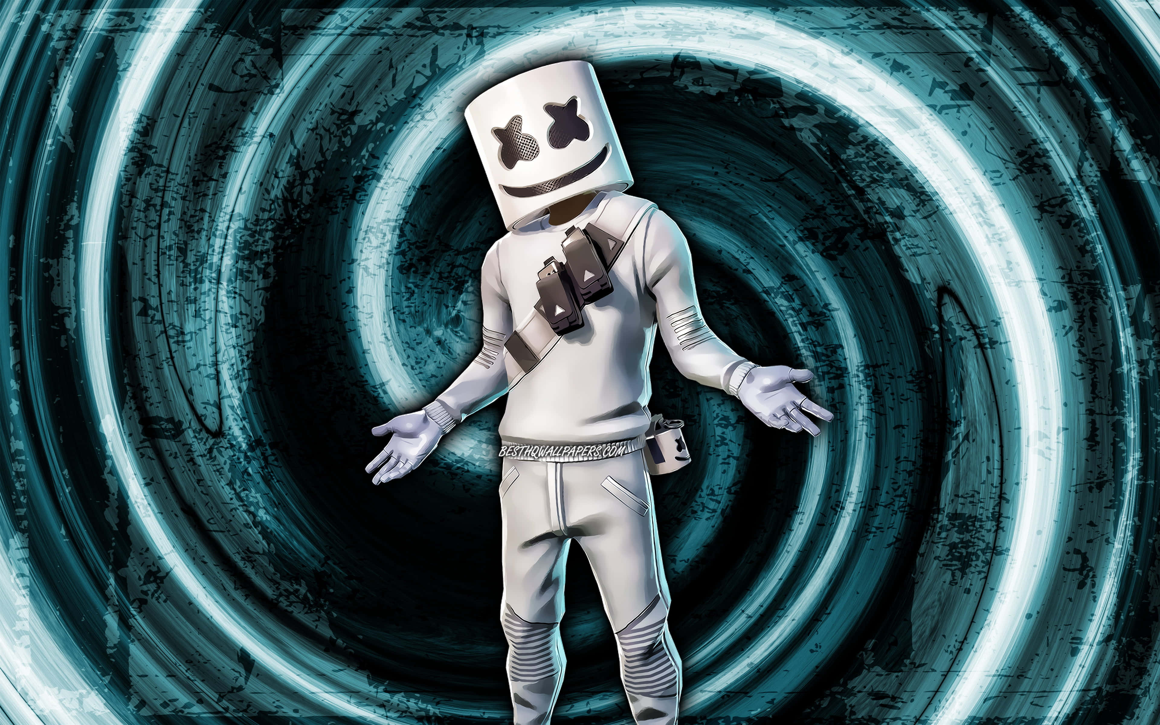 Fortnite Marshmello 桌布 壁紙 — 一位戴著白色棉花糖頭盔的DJ站在舞台中央，被發光的藍色同心圓環環繞，背景為深色紋理。