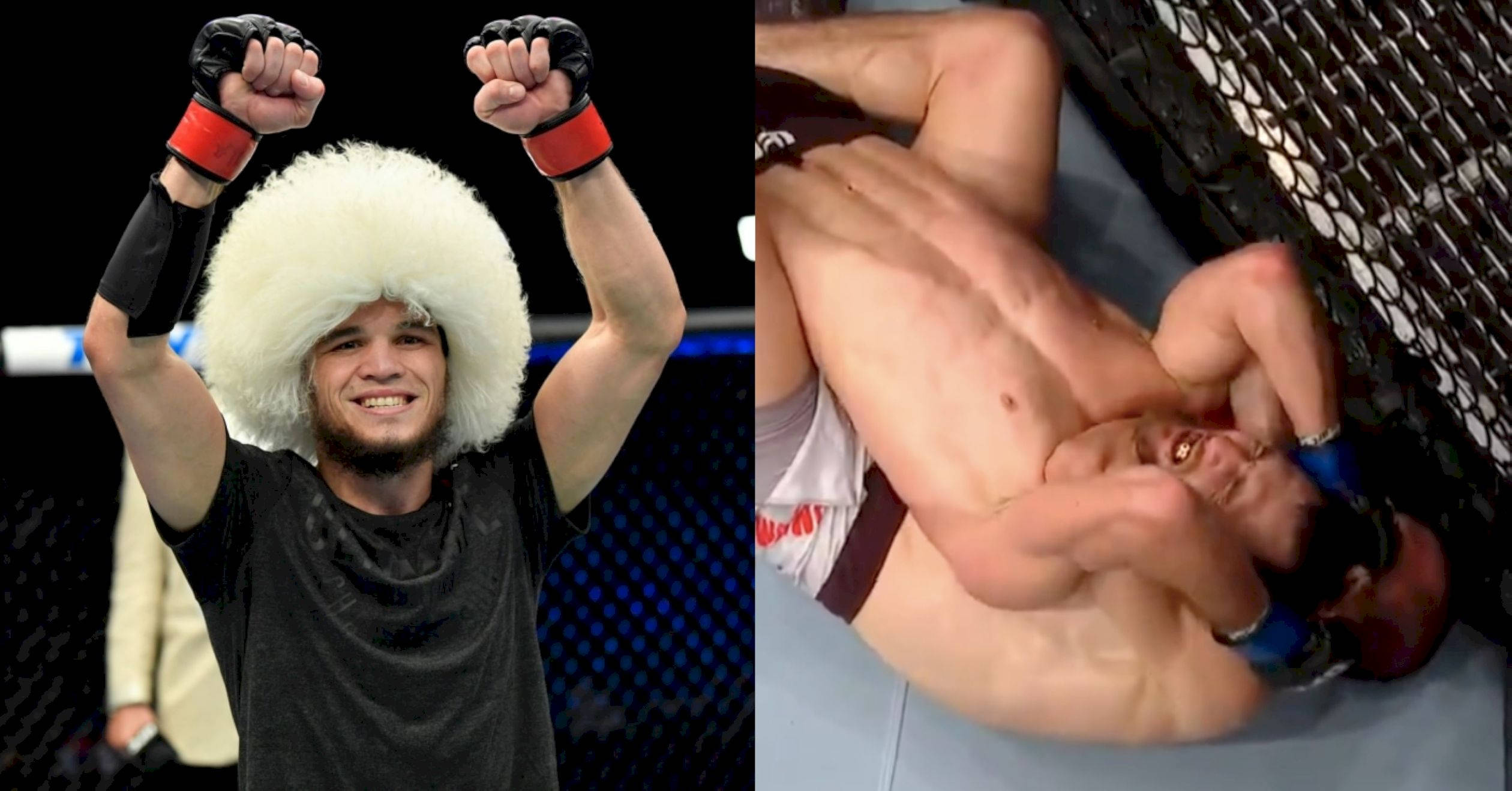 UFC 桌布 壁紙 — 一位戴著白色毛帽的勝利MMA拳手在八角籠內高舉拳頭慶祝勝利，旁邊是被鎖喉壓制的對手。