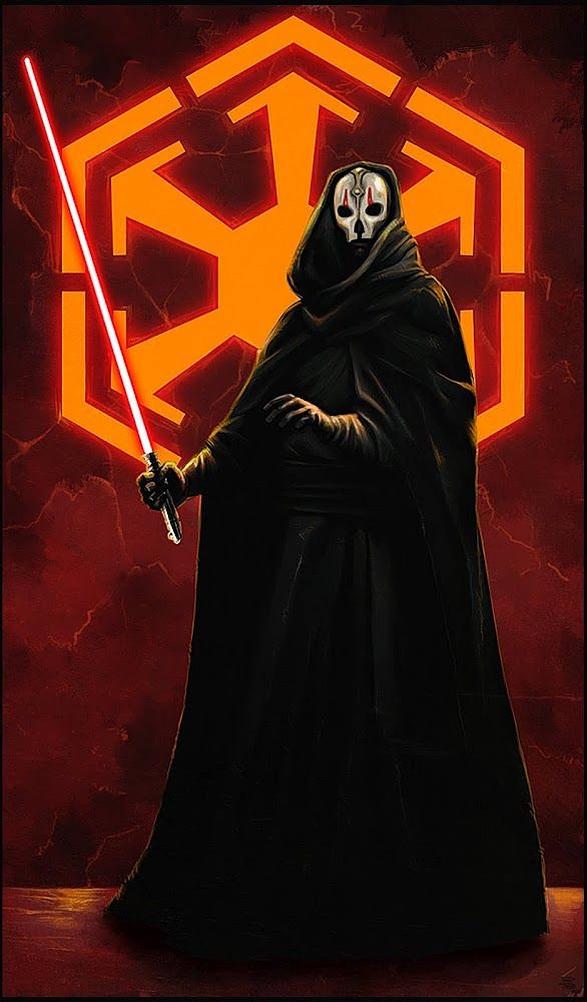 Darth Nihilus 桌布 壁紙 — 一位戴著白色面具和紅色光劍的兜帽西斯尊主，站在發光的橙色西斯標誌前，背景是裂紋的紅色。