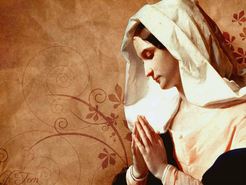 Praying 桌布 壁紙 — 一位戴著白色面紗的寧靜修女，在飾有旋轉花卉圖案的溫暖羊皮紙背景前合掌祈禱。