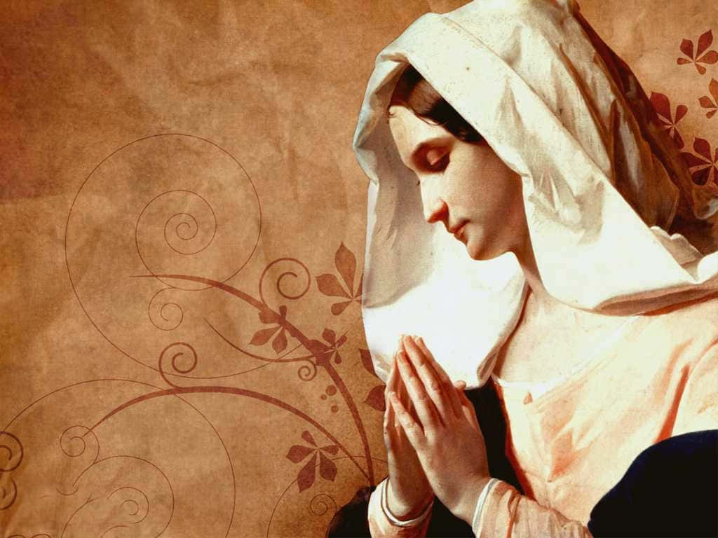 Praying 桌布 壁紙 — 一位戴著白色面紗的寧靜修女，雙手合十祈禱，背景是帶有紋理的羊皮紙，飾有旋轉花卉圖案。