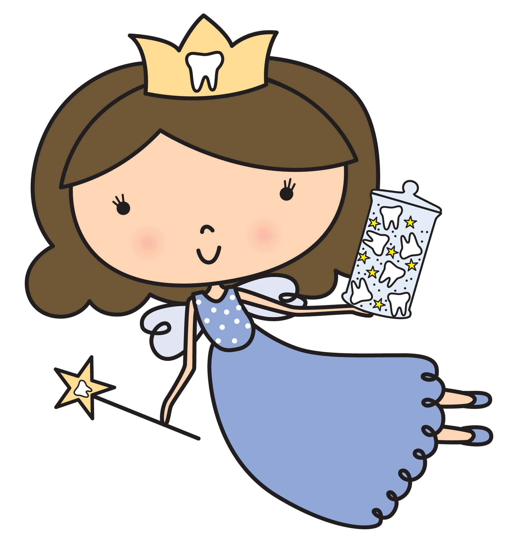 Tooth Fairy 桌布 壁紙 — 一位戴著皇冠、手持魔杖的快樂牙仙，拿著一個裝滿牙齒和星星的罐子。