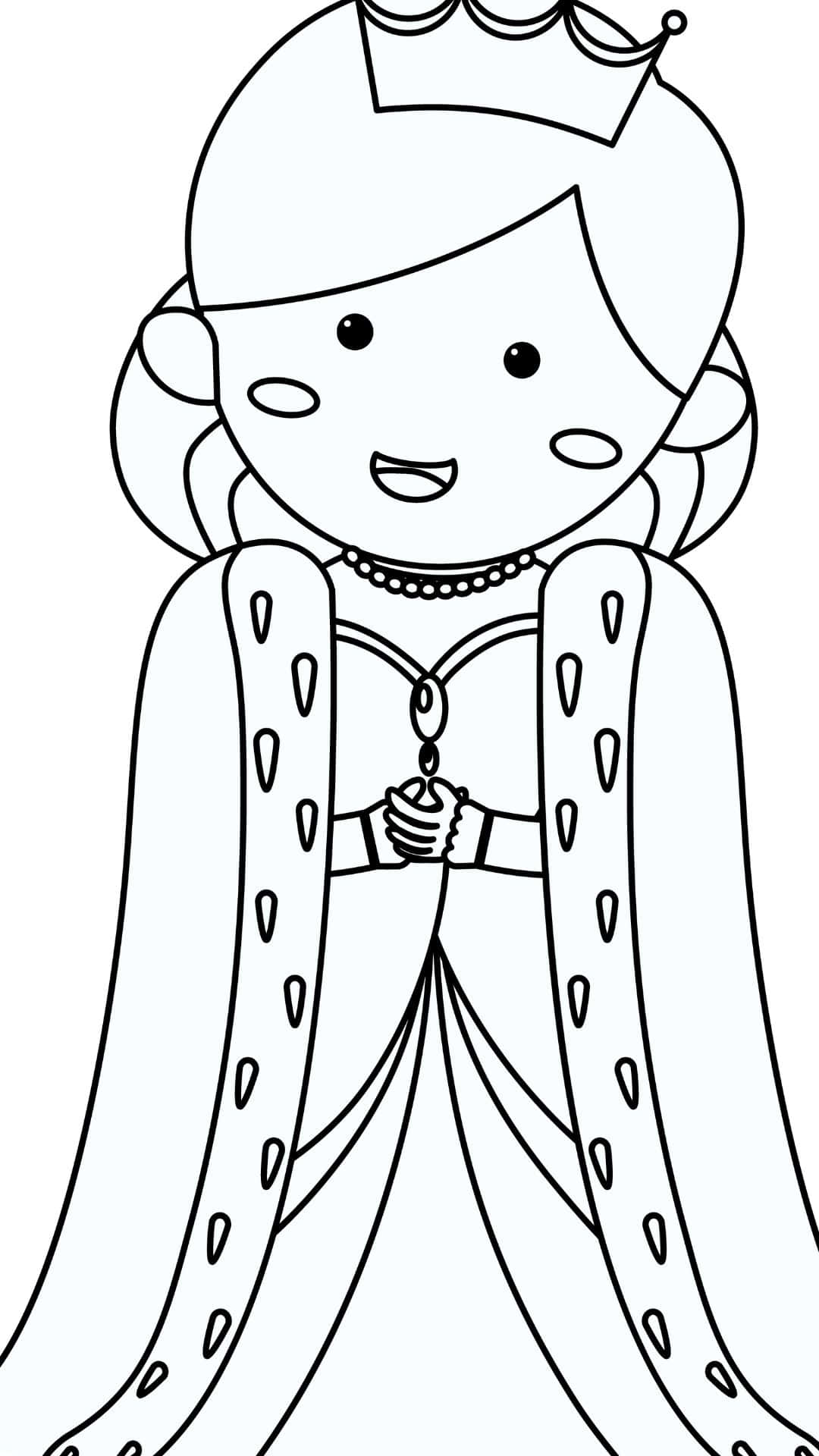 Cute Queen 桌布 壁紙 — 一位戴著皇冠、穿著飄逸長裙的快樂卡通公主，以簡單的黑白線條藝術風格手持權杖。