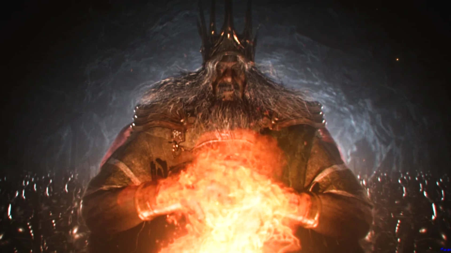 Dark Souls Gwyn 桌布 壁紙 — 一位戴著皇冠、長鬍鬚的高聳國王，在黑暗煙霧繚繞的背景中手持一個燃燒的火球。