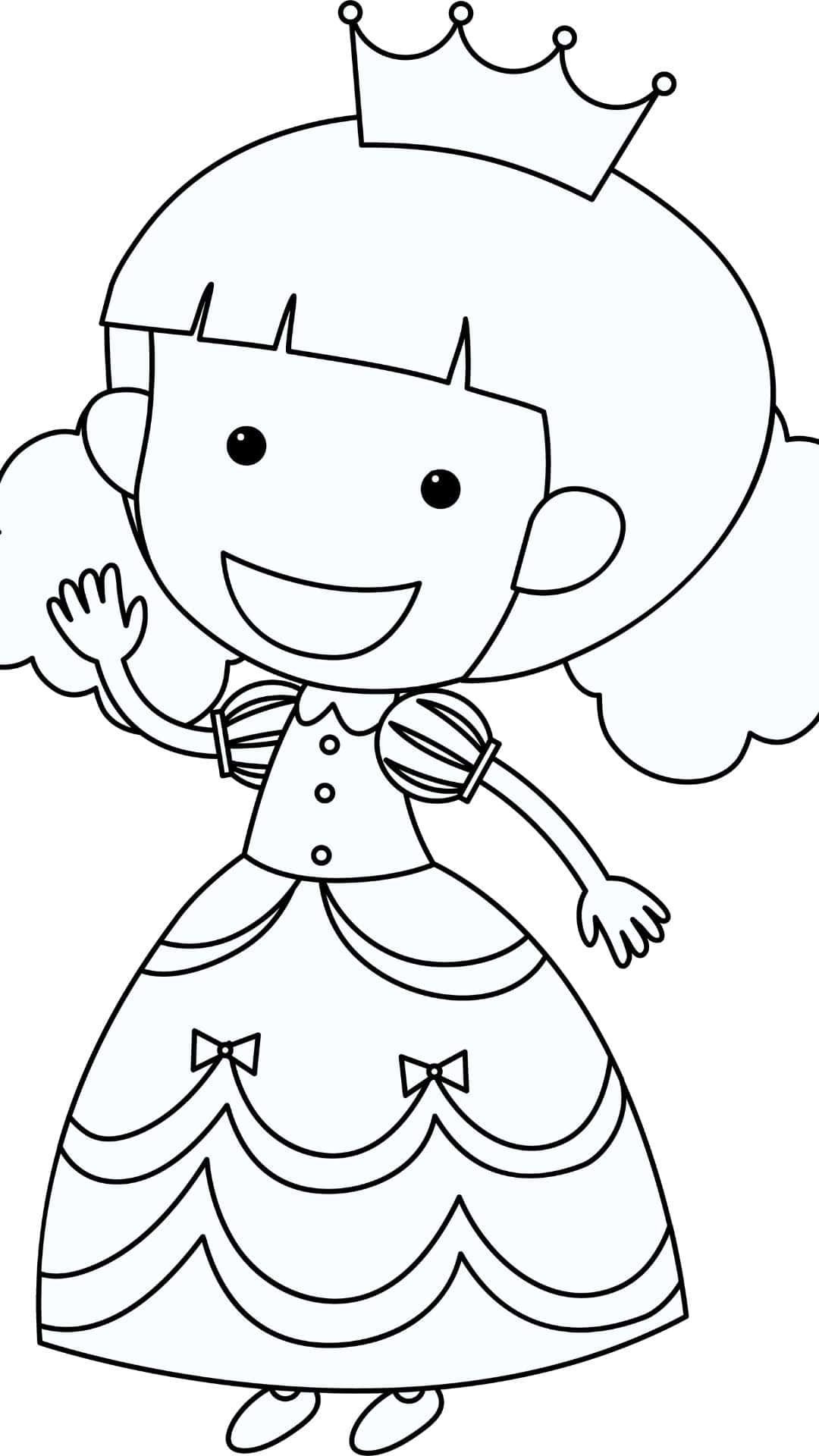 Cute Queen 桌布 壁紙 — 一位戴著皇冠和穿著連衣裙的快樂卡通公主，以簡單的黑白線條藝術風格開心地揮手。