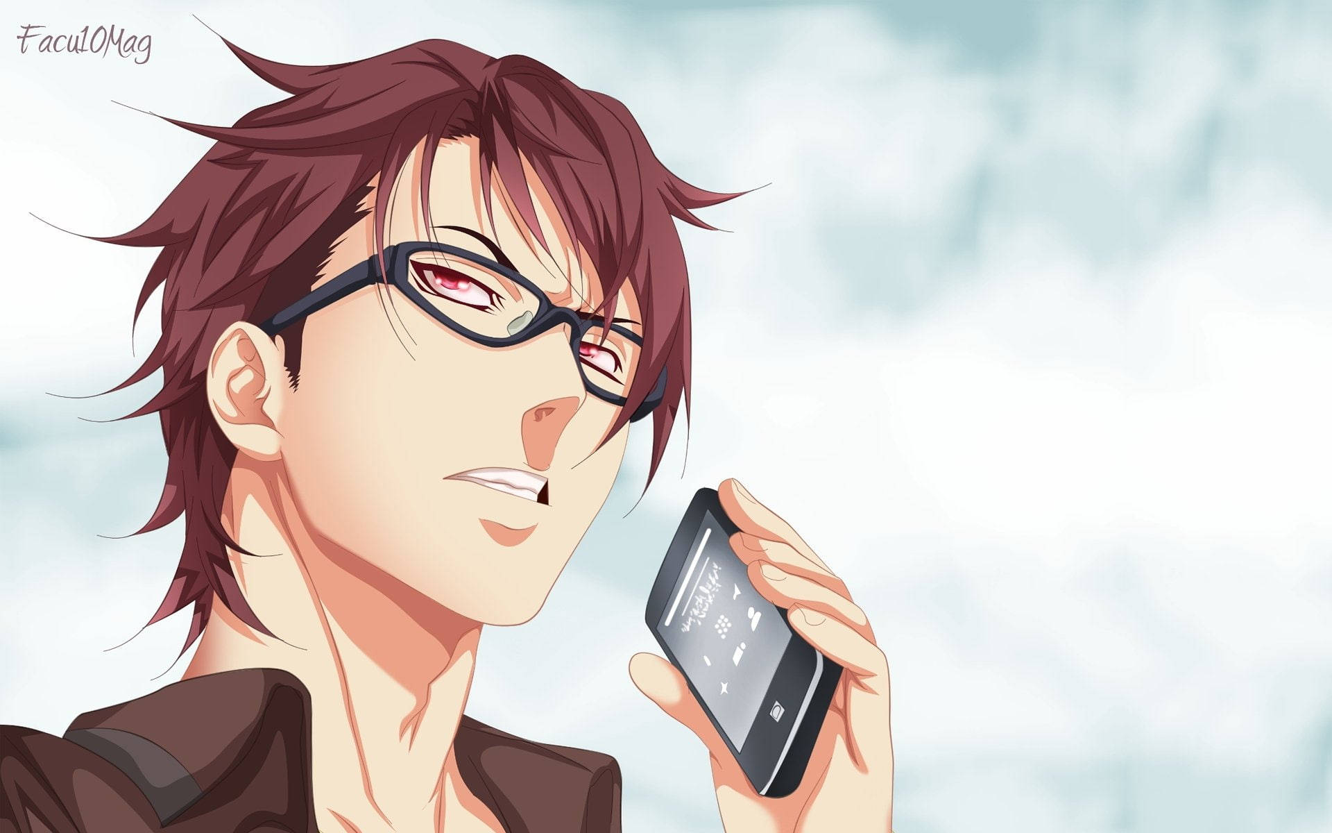 food wars shokugeki no soma 桌布 壁紙 — 一位戴著眼鏡、紅眼睛的年輕動漫男子，在柔和的多雲天空背景下將手機貼在耳邊。