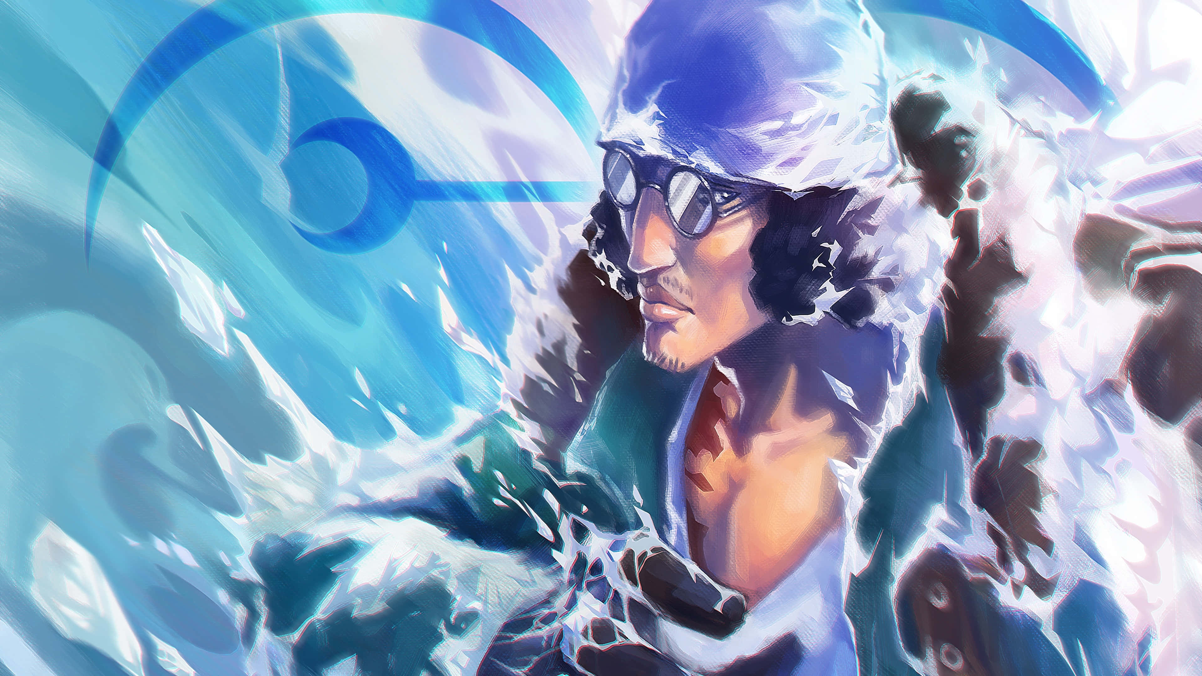 Water Seven 桌布 壁紙 — 一位戴著眼鏡和毛皮襯裡帽子的堅定動漫戰士，使用冰之力對抗旋轉的藍色能量漩渦。
