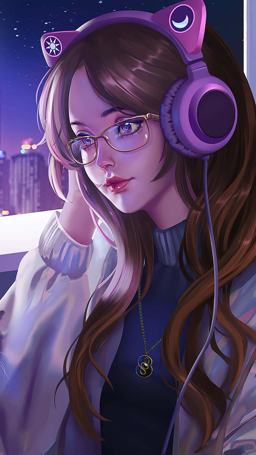 aesthetic anime girl iPhone 桌布 壁紙 — 一位戴著眼鏡和紫色貓耳耳機的年輕動漫女孩，在夜晚凝視著發光的城市天際線，若有所思。