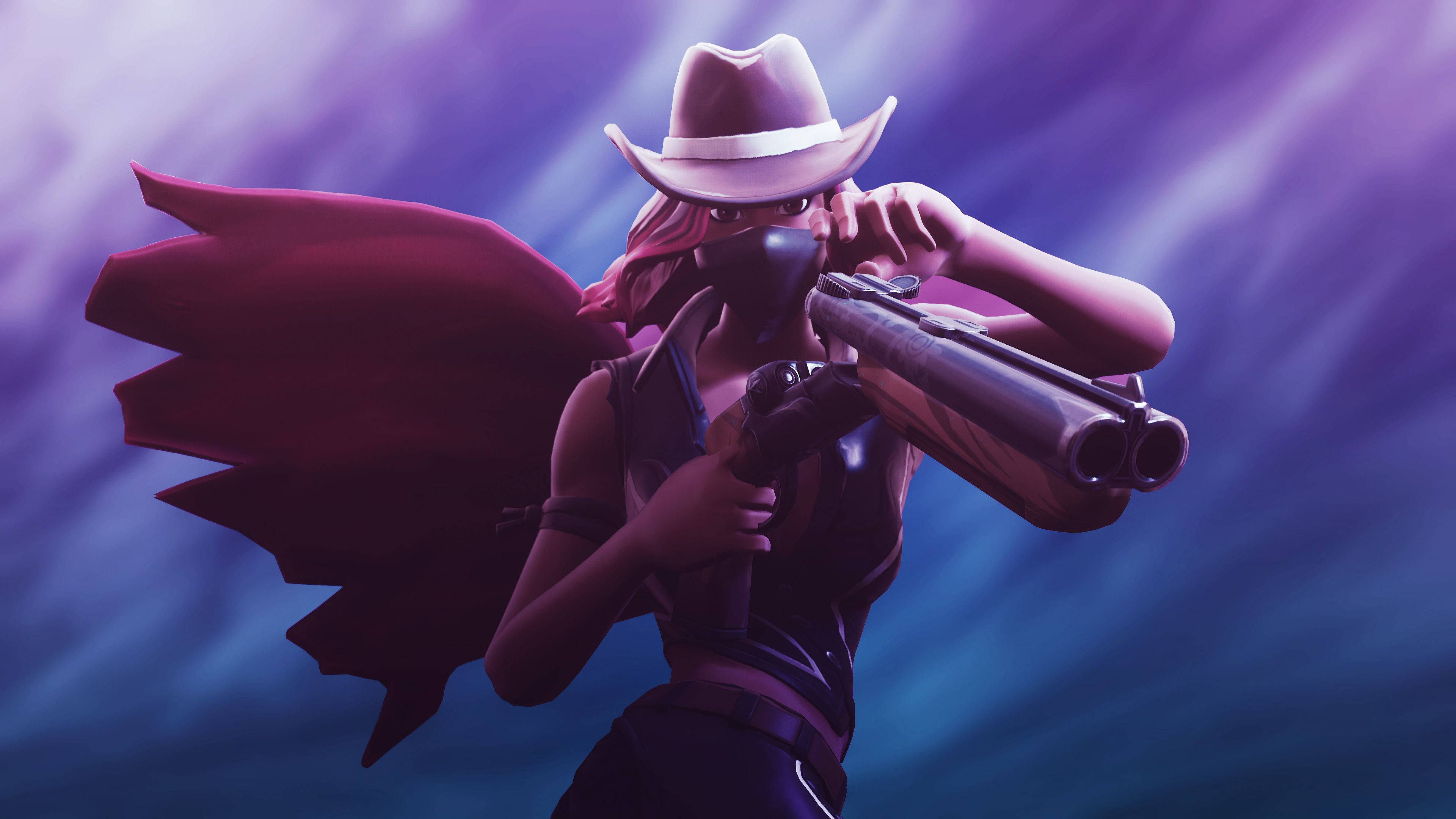 calamity fortnite 桌布 壁紙 — 一位戴著粉紅色帽子和紅色斗篷的蒙面女牛仔，在紫色和藍色發光的背景下瞄準一把雙管霰彈槍。