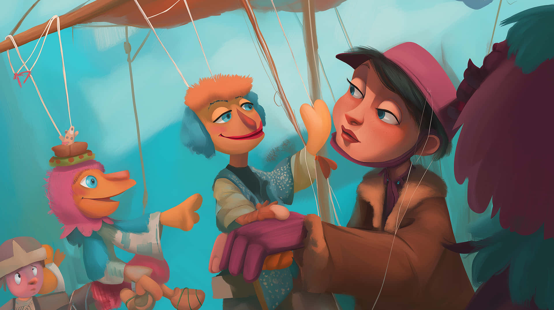 Puppet Adventures 壁紙 — 一位戴著粉紅色帽子的操偶師，在藍綠色背景前用線操控色彩繽紛的木偶。