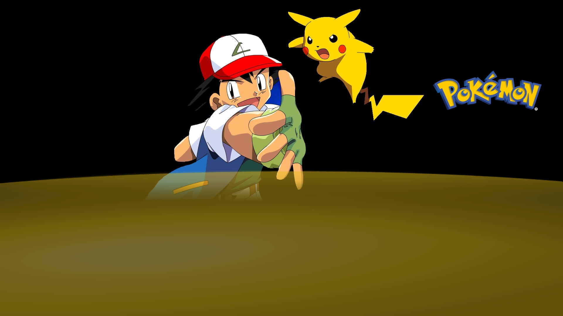 Ash And Pikachu 桌布 壁紙 — 一位戴著紅白帽子的年輕訓練家抱著一隻綠色寶可夢，旁邊的皮卡丘在黑色背景前放電。