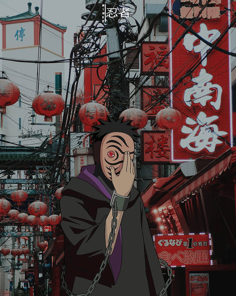 Cute Baddie 桌布 壁紙 — 一位戴著紅色眼罩的動漫忍者站在一條雜亂無章、霓虹燈閃爍的小巷中，小巷裝飾著紅燈籠和中文招牌。