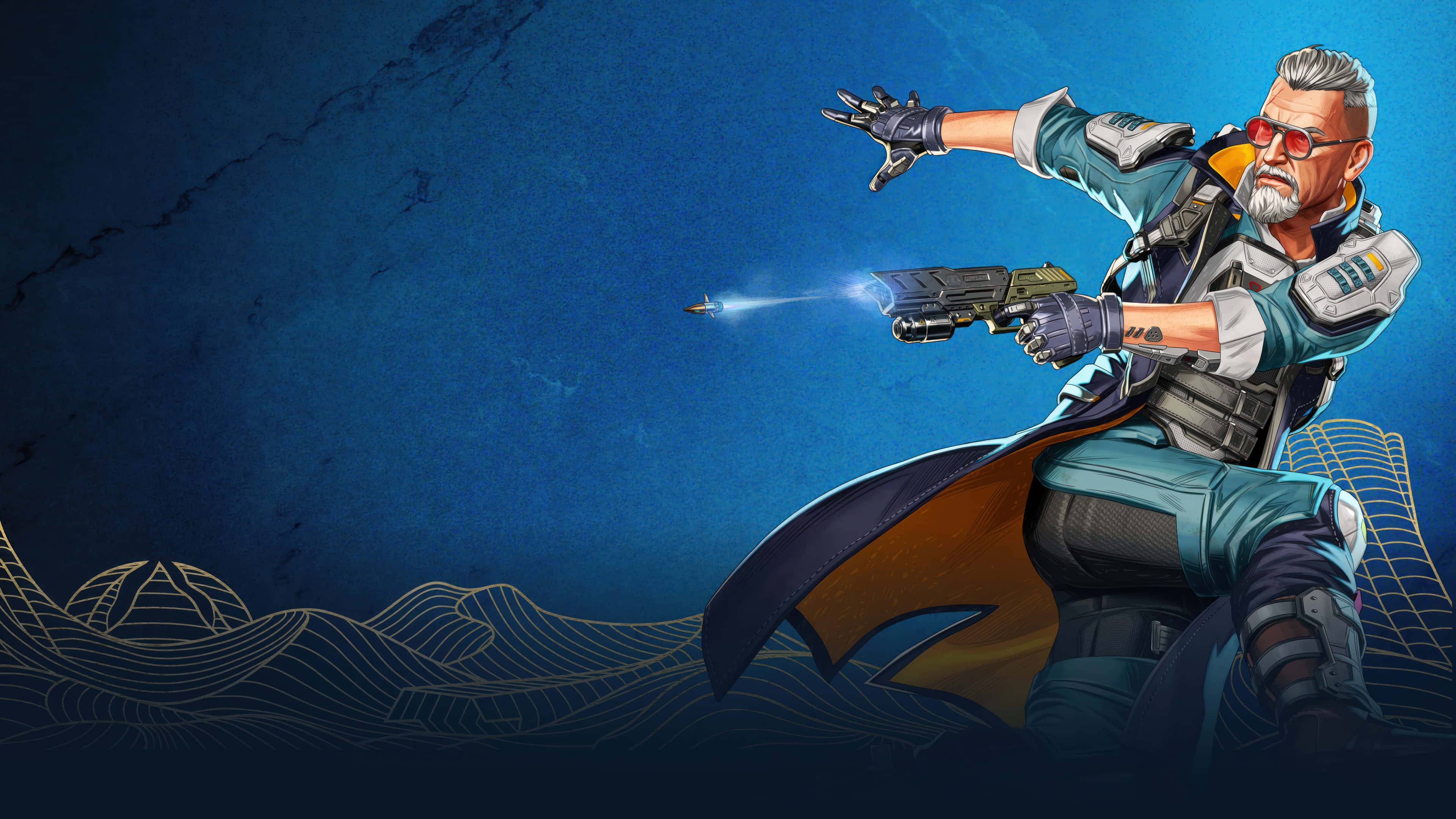 Apex Legends Characters 桌布 壁紙 — 一位戴著紅色眼鏡、頭髮花白的科幻賞金獵人，在深藍色抽象背景上，金色線框波浪中，發射一把發光的手槍。