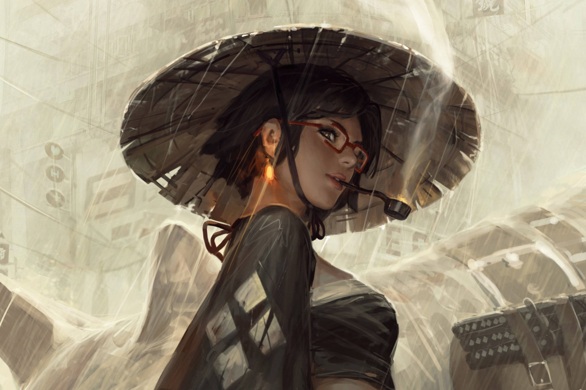 武士動畫 桌布 壁紙 — 一位戴著紅色眼鏡和傳統雨傘的年輕女子站在下雨的城市小巷中，她的臉半被霧氣和落下的水遮住。