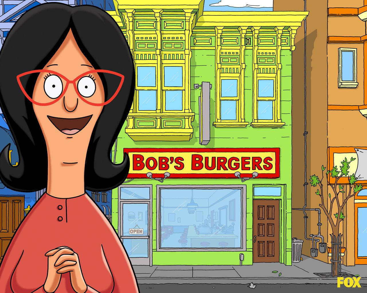 動畫 桌布 壁紙 — 一位戴著紅色眼鏡的開心動畫女性站在Bob's Burgers餐廳前，背景是色彩繽紛的卡通城市景觀。