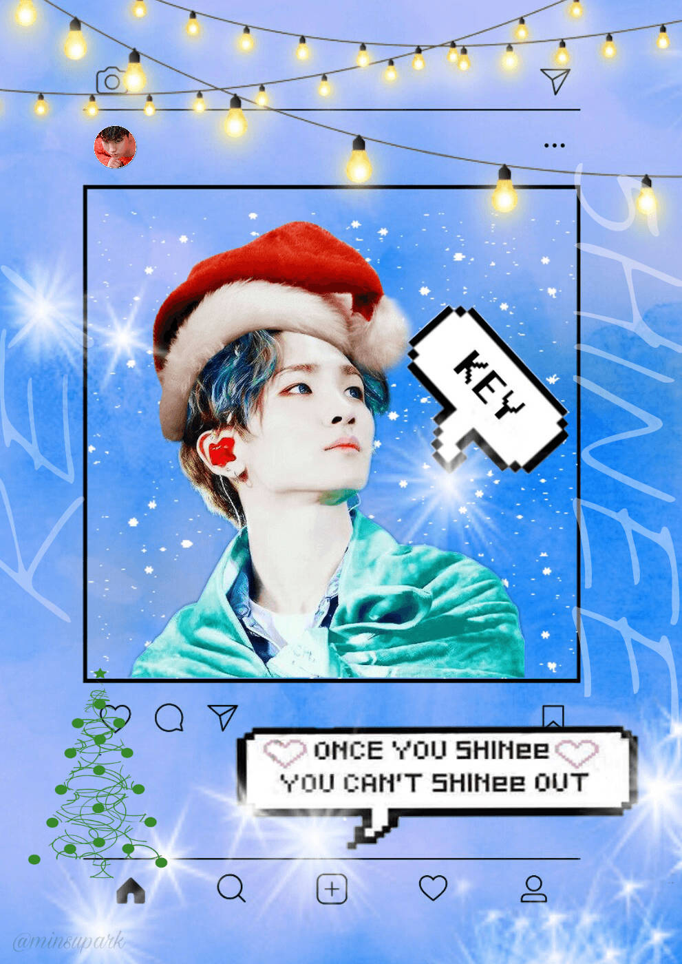 Shinee 桌布 壁紙 — 一位戴著紅色聖誕帽的年輕男子，在閃爍的藍色冬季背景下仰望，背景裝飾著燈串和像素化文字。