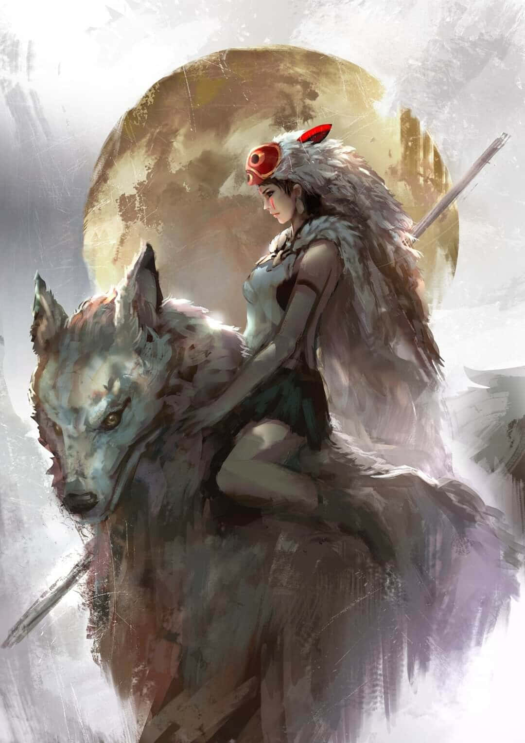 魔法公主 桌布 壁紙 — 一位戴著紅色面具的女戰士騎著狼，在霧氣瀰漫、如畫般的奇幻場景中，背景是巨大的發光月亮。