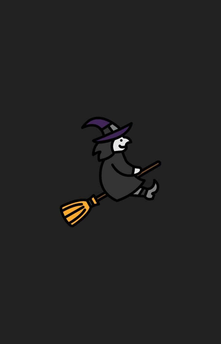 Black Cartoon Characters 桌布 壁紙 — 一位戴著紫色帽子的極簡卡通女巫，在純深灰色背景上騎著掃帚飛行。