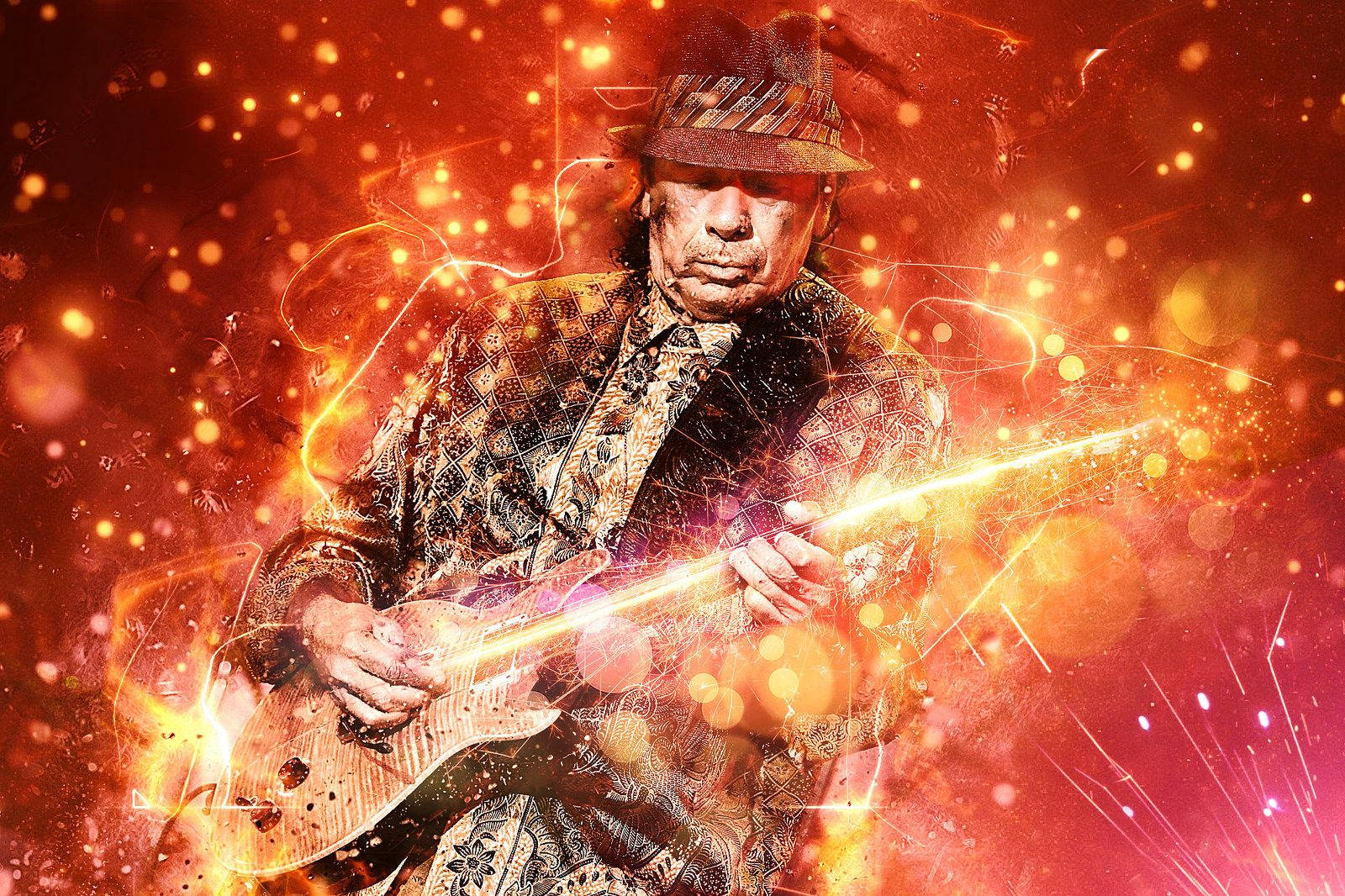 guitar player 桌布 壁紙 — 一位戴著紳士帽的音樂家在熾熱的火花和燦爛的散景燈光中彈奏發光的電吉他。