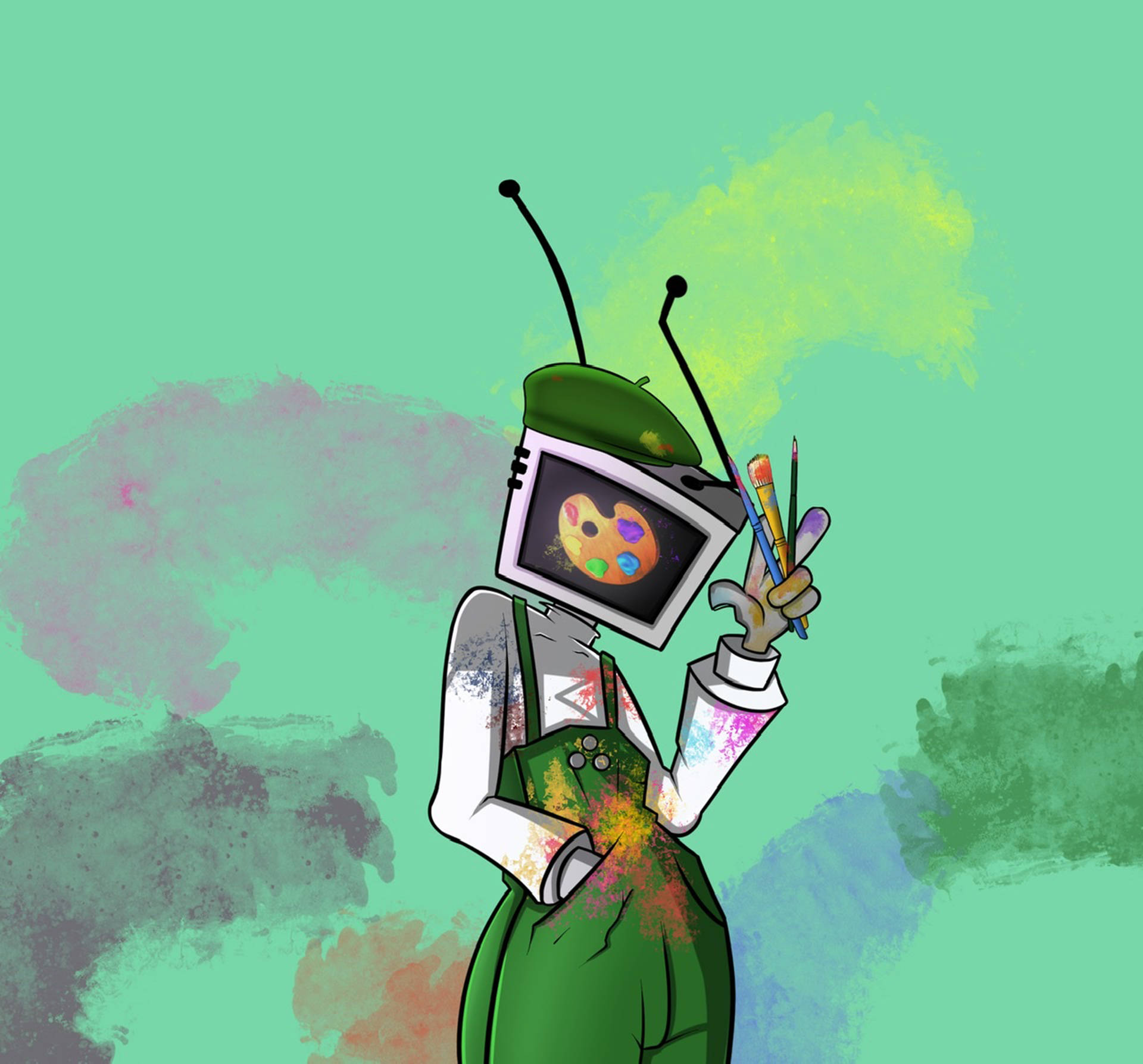 tv 桌布 壁紙 — 一位戴著綠色貝雷帽和工裝褲的電視頭古怪藝術家，在藍綠色水彩背景上潑灑色彩繽紛的顏料。