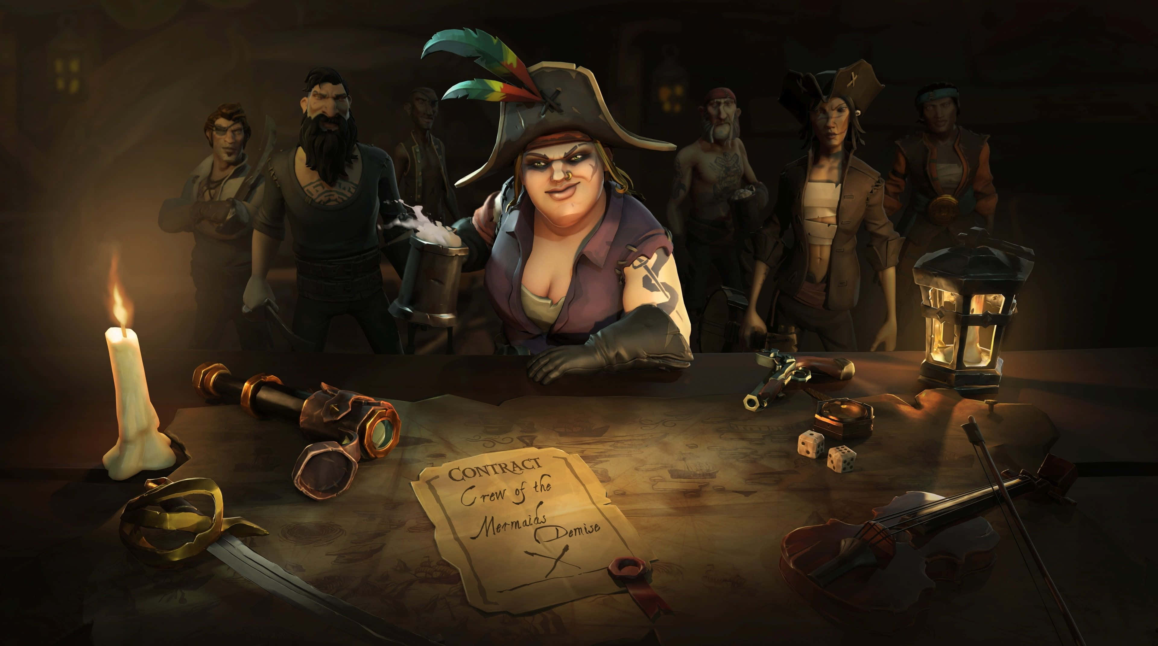 Sea Of Thieves 桌布 壁紙 — 一位戴著羽毛帽、臉部塗彩的海盜船長坐在燈光昏暗的桌子旁，在船員的環繞下簽署合約。