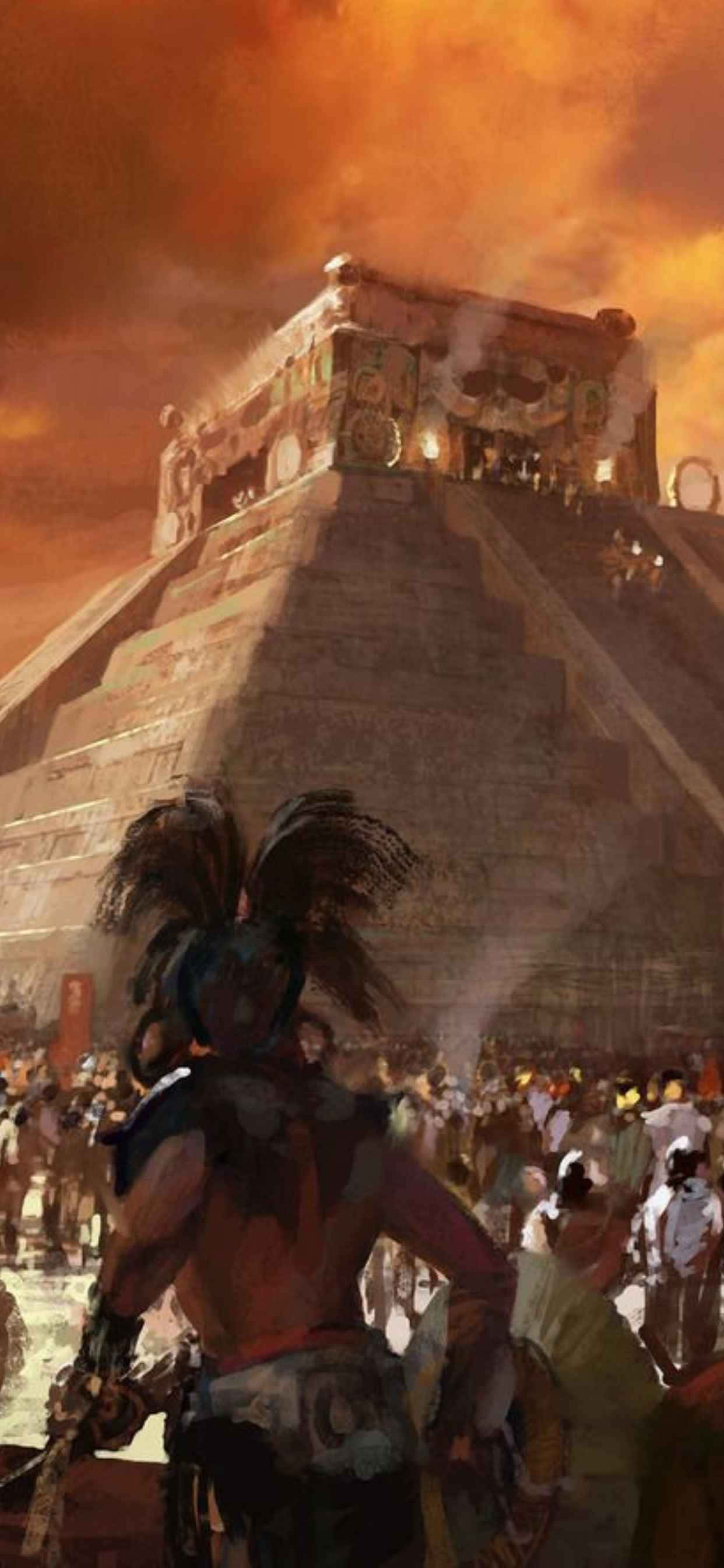 iPhone Xs Max Civilization V 桌布 壁紙 — 一位戴著羽毛頭飾的戰士站在巨大的古老金字塔前，人群在火紅的橙色日落天空下聚集。