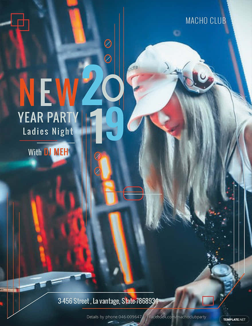 Party 桌布 壁紙 — 一位戴著耳機和帽子的女DJ在霓虹燈夜總會為跨年派對混音。
